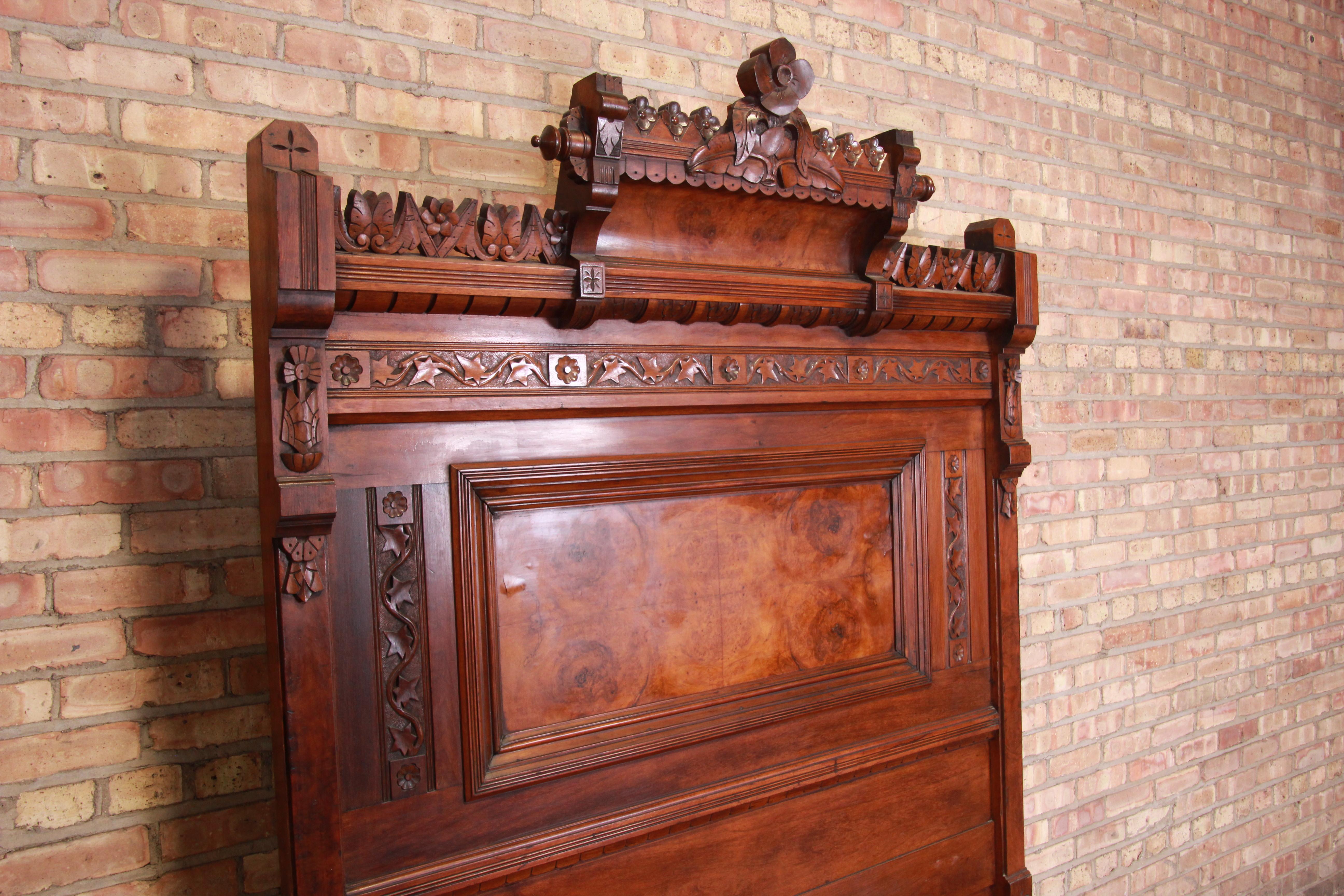 Late 19th Century Monumental Eastlake Victorian Carved Walnut and Burl Wood Bed, circa 1870