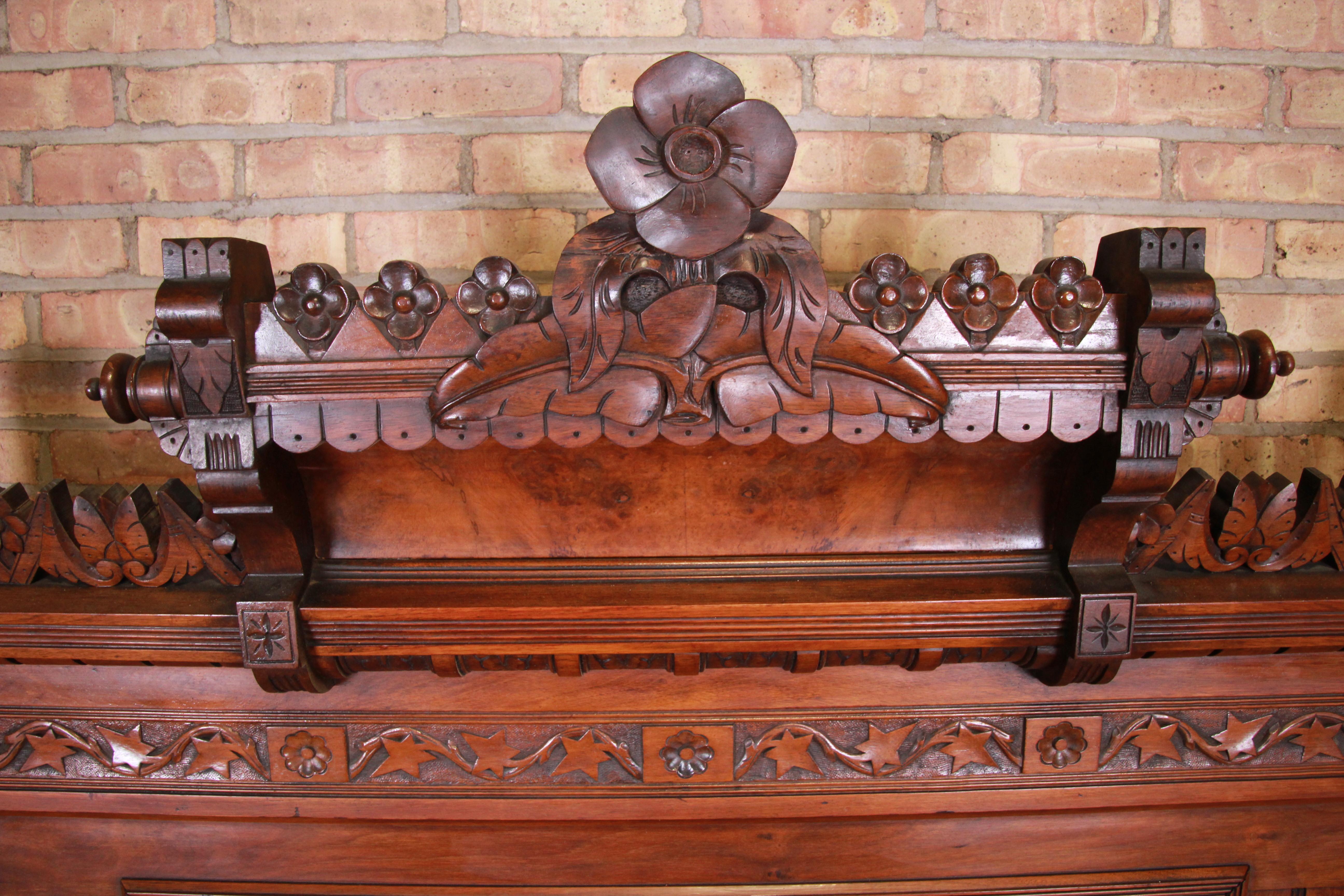 Monumental Eastlake Victorian Carved Walnut and Burl Wood Bed, circa 1870 1