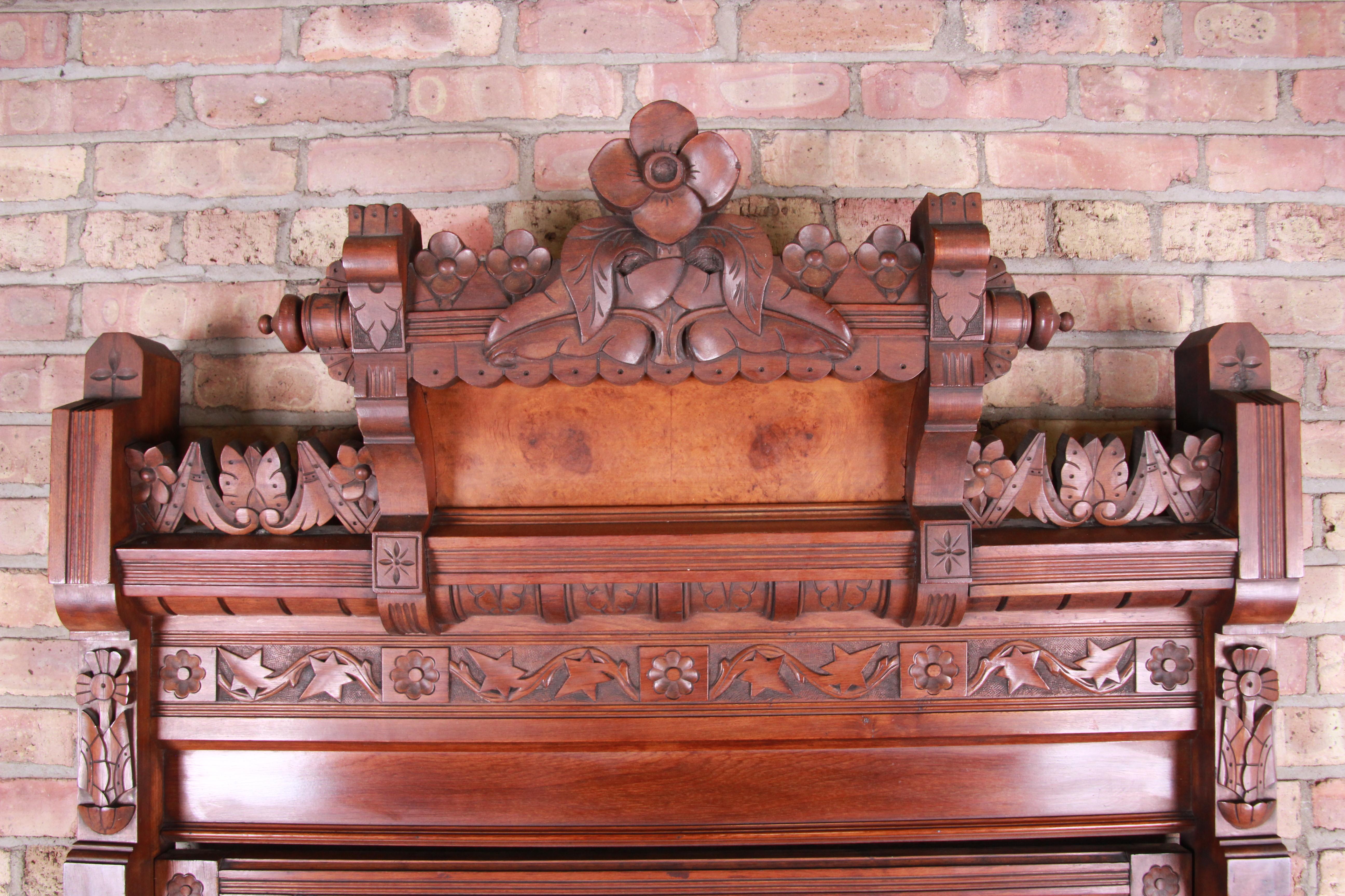 Monumental Eastlake Victorian Carved Walnut and Burl Wood Dresser with Mirror In Good Condition In South Bend, IN