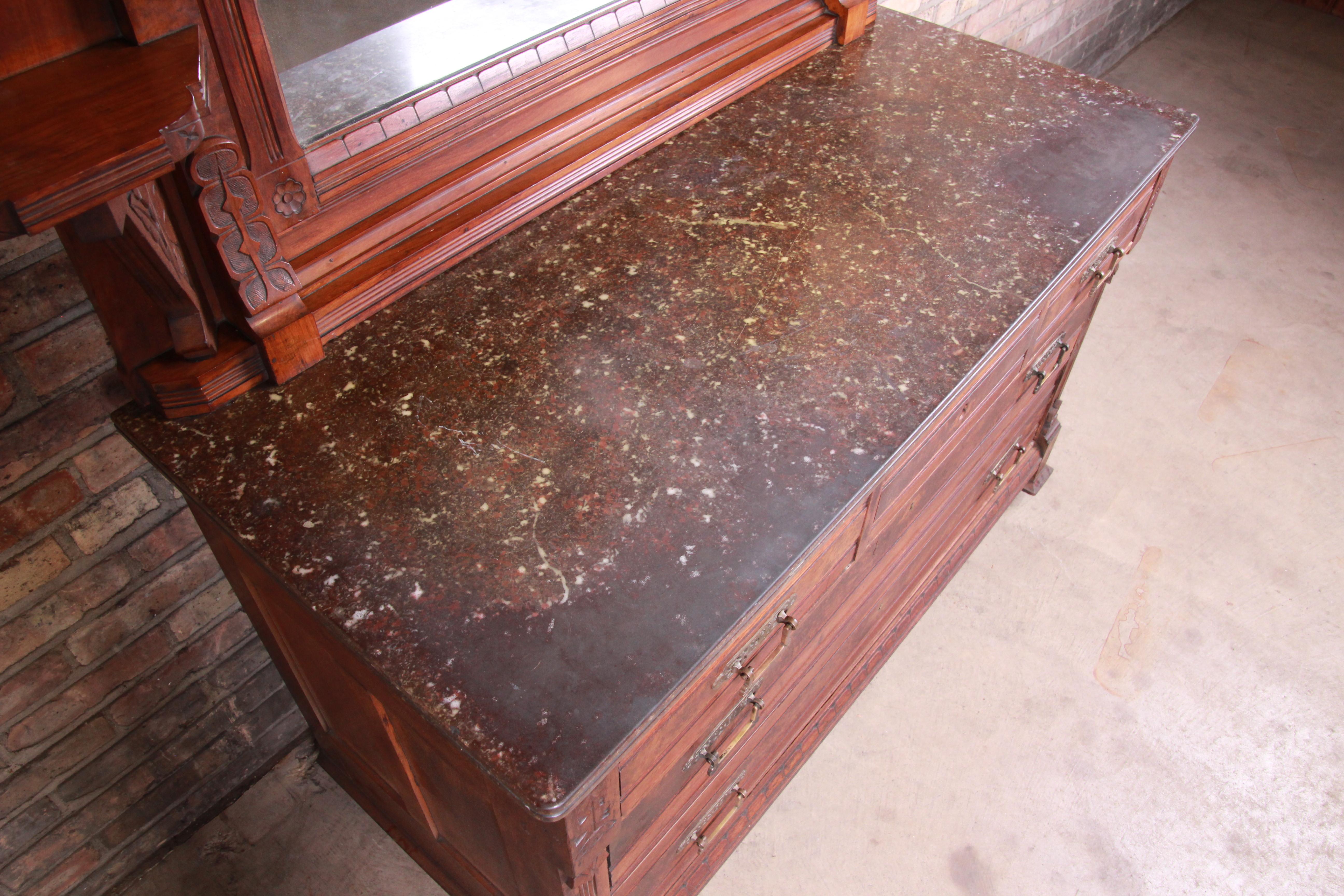 Monumental Eastlake Victorian Carved Walnut and Burl Wood Dresser with Mirror 3