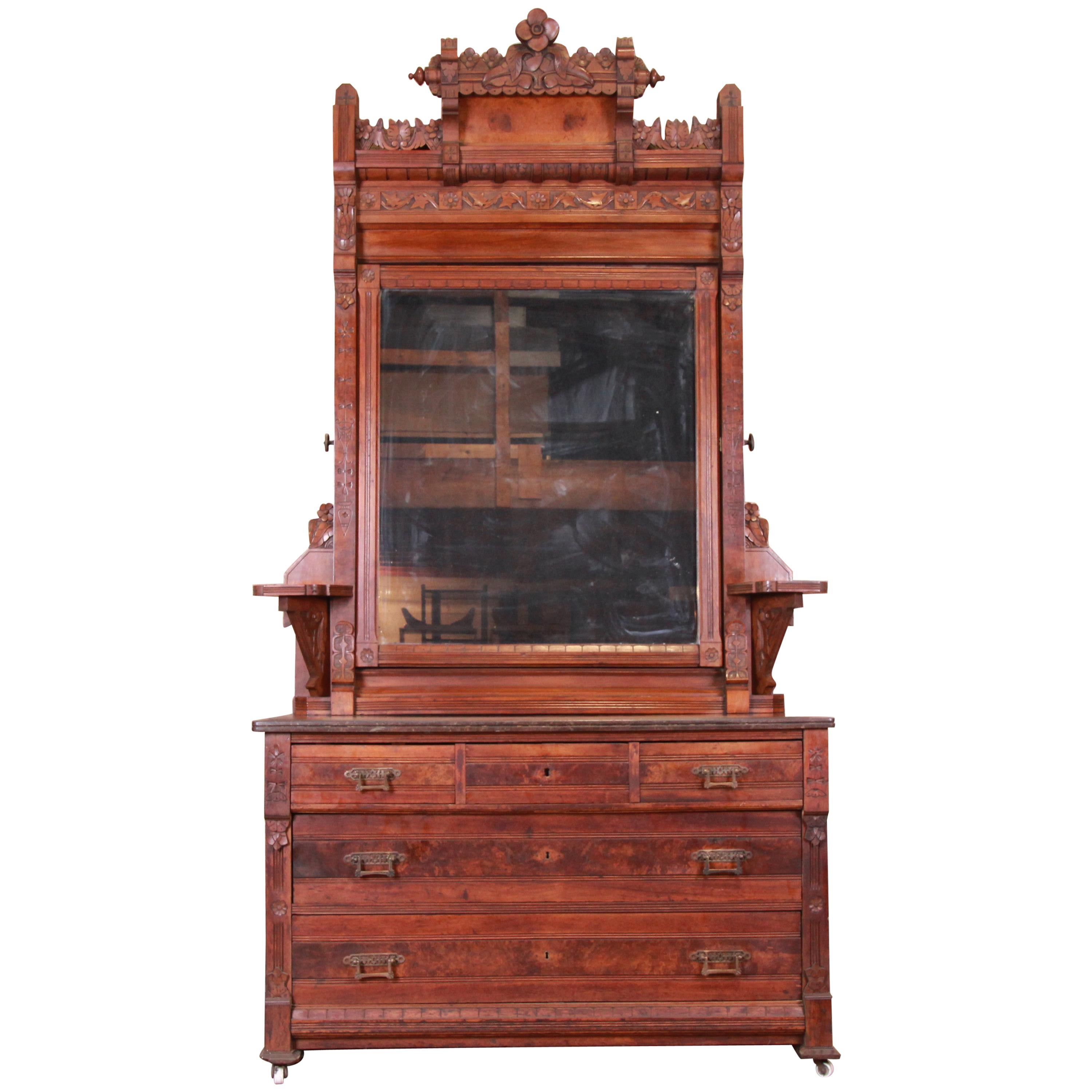 Monumental Eastlake Victorian Carved Walnut and Burl Wood Dresser with Mirror