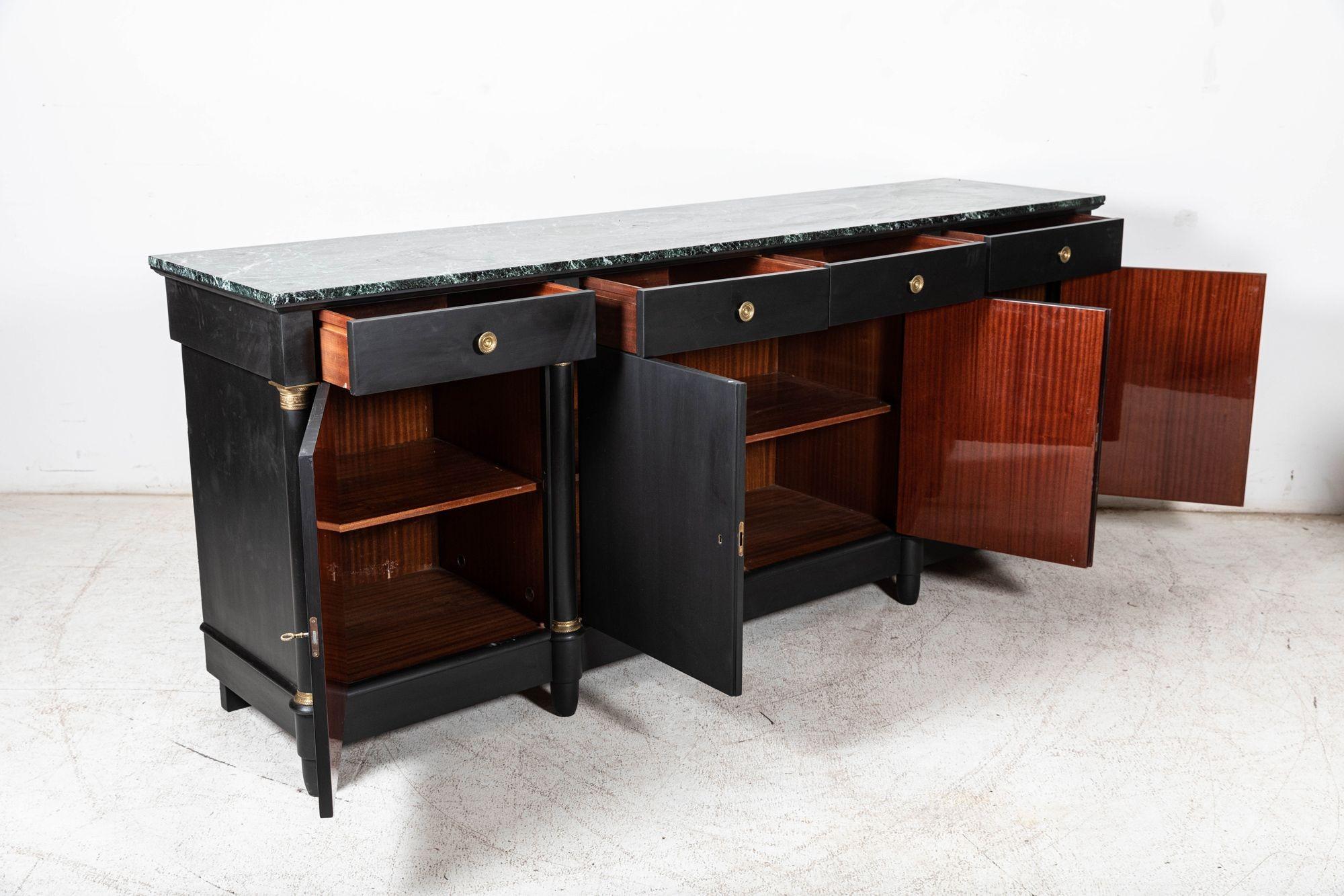 Circa 1950
Monumental Ebonised French Empire Revival Marble Sideboard, Rosewood Veneer with Brass columns
Excellent Quality & Colour
With keys
sku 1064
W242 x D60 x H101 cm