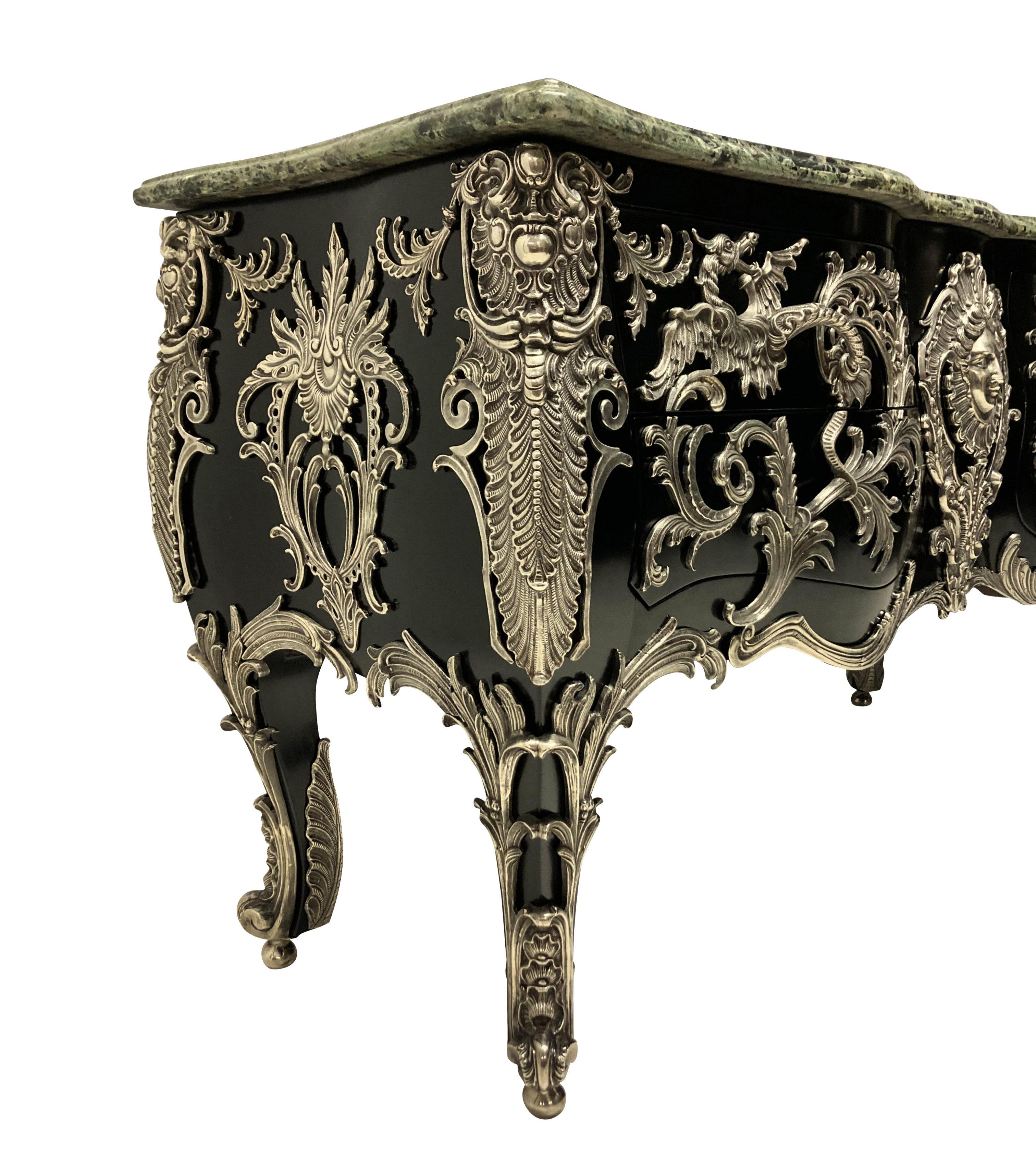 French Monumental Ebonised & Silver Mounted Commode a Vantaux After Linke