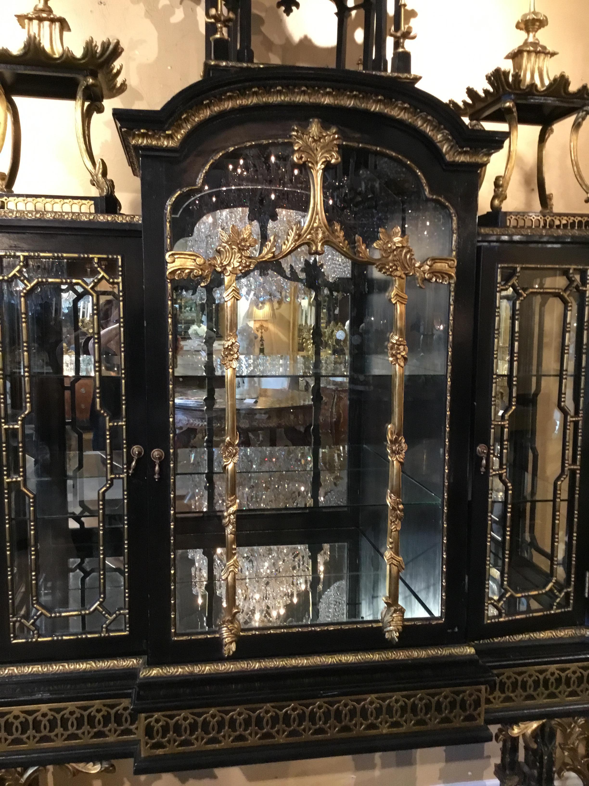 British Monumental Ebonized and Parcel-Gilt Cabinet in the Chinese Chippendale Taste