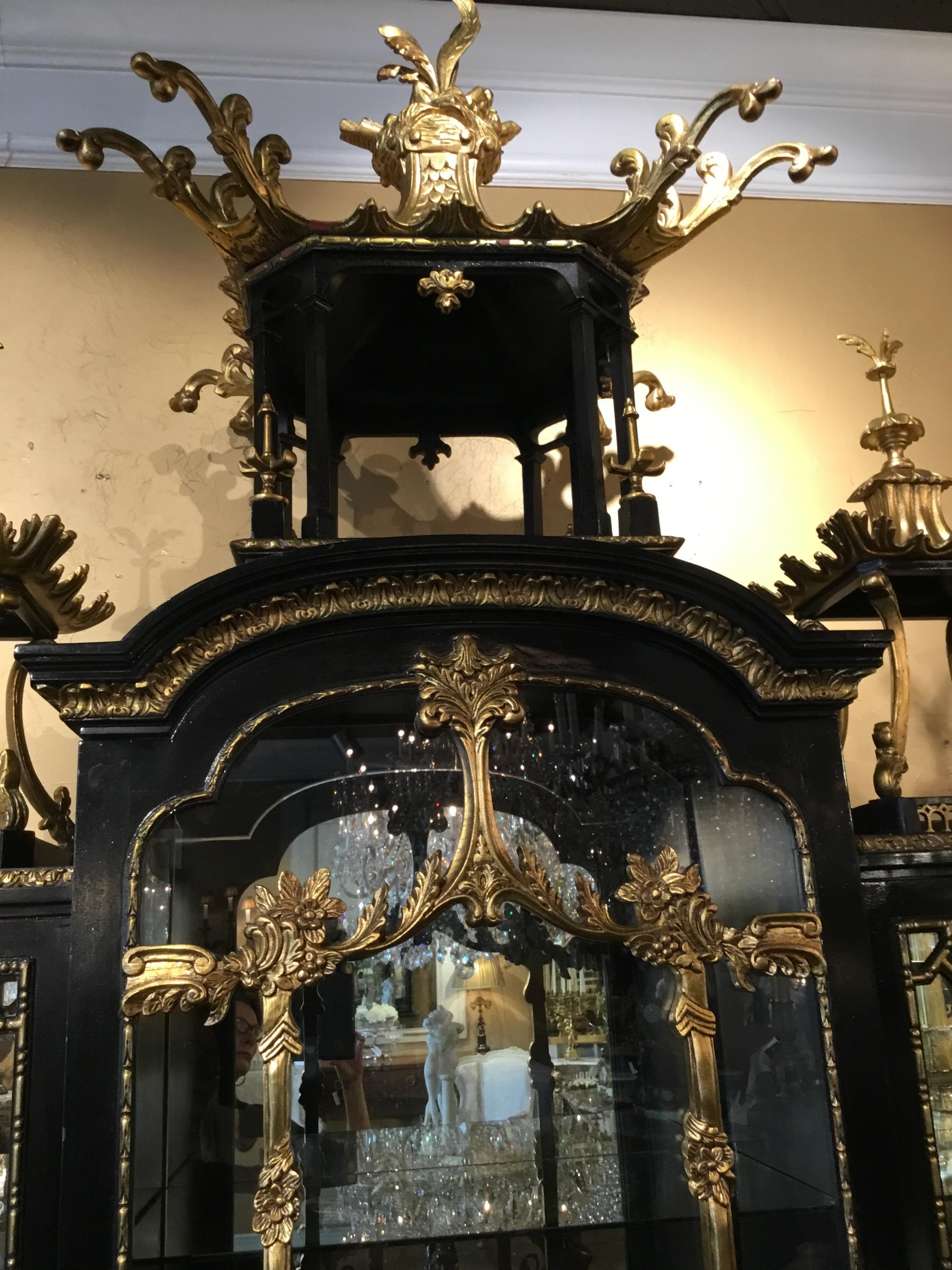 20th Century Monumental Ebonized and Parcel-Gilt Cabinet in the Chinese Chippendale Taste