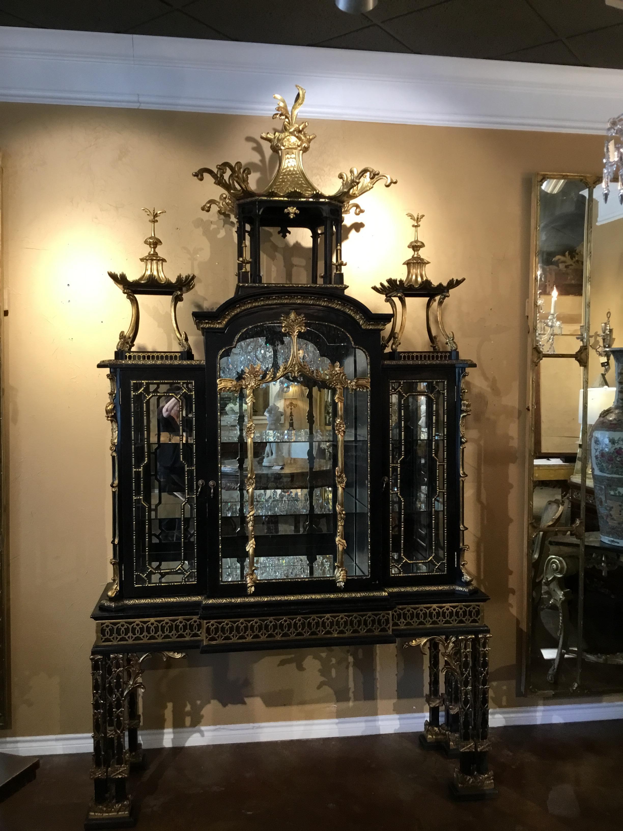 Wood Monumental Ebonized and Parcel-Gilt Cabinet in the Chinese Chippendale Taste
