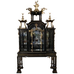 Monumental Ebonized and Parcel-Gilt Cabinet in the Chinese Chippendale Taste