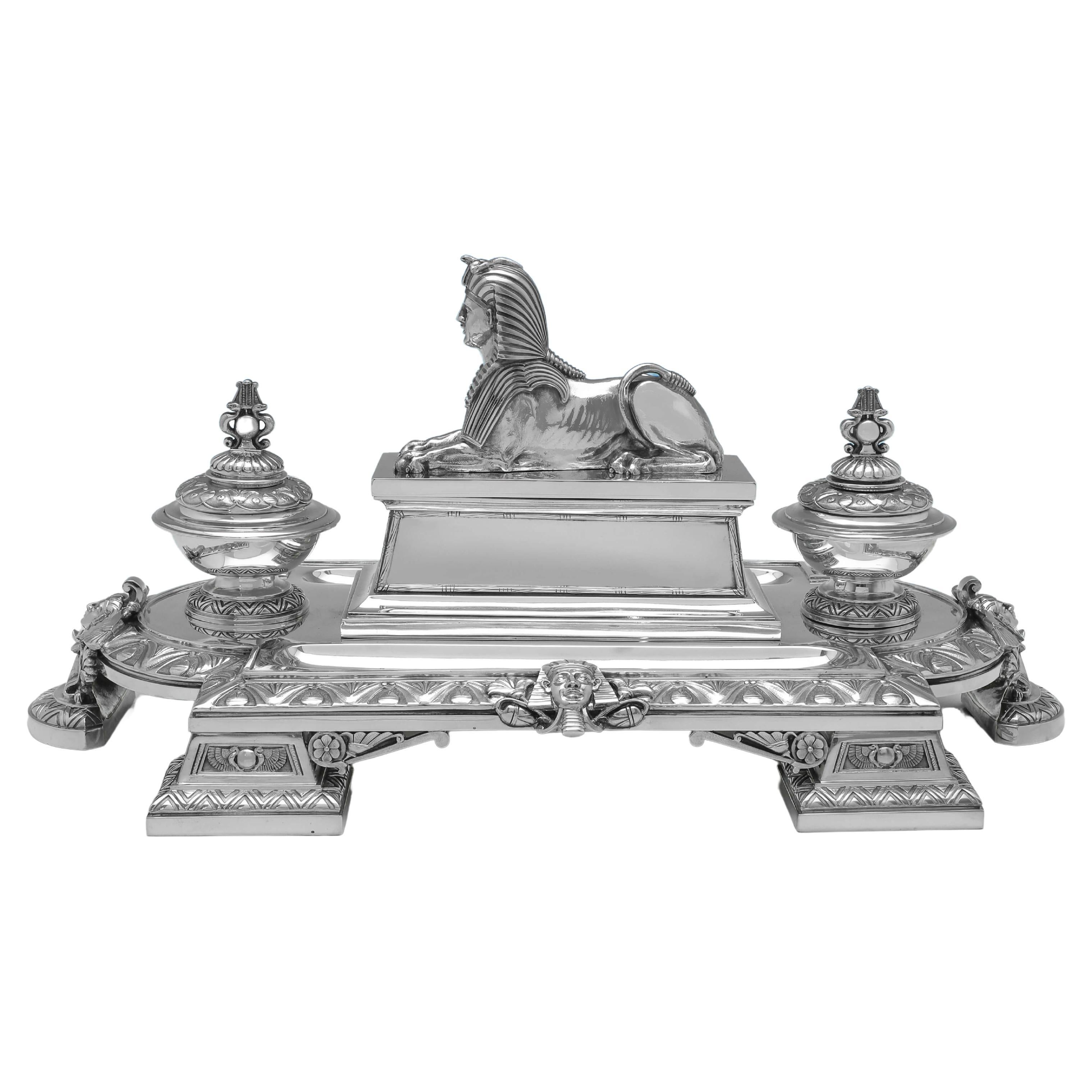 Monumental Edwardian Sterling Silver Ink Stand - Egyptian Revival - Garrard 1908 For Sale