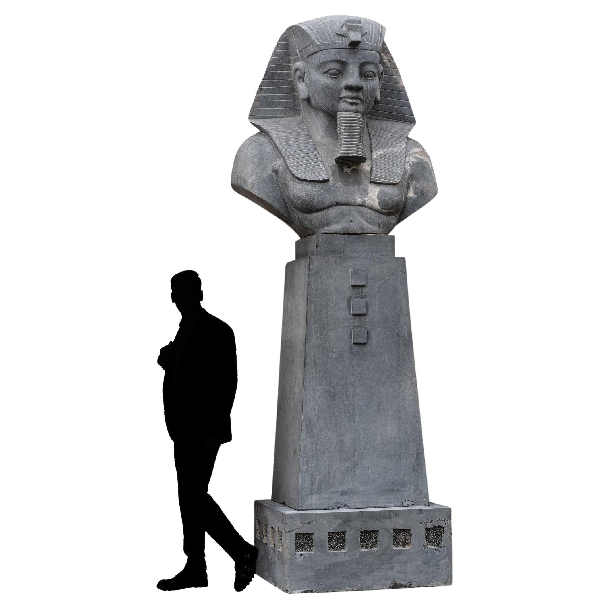 Monumental Egyptian Pharaoh Marble Statue on Plinth For Sale