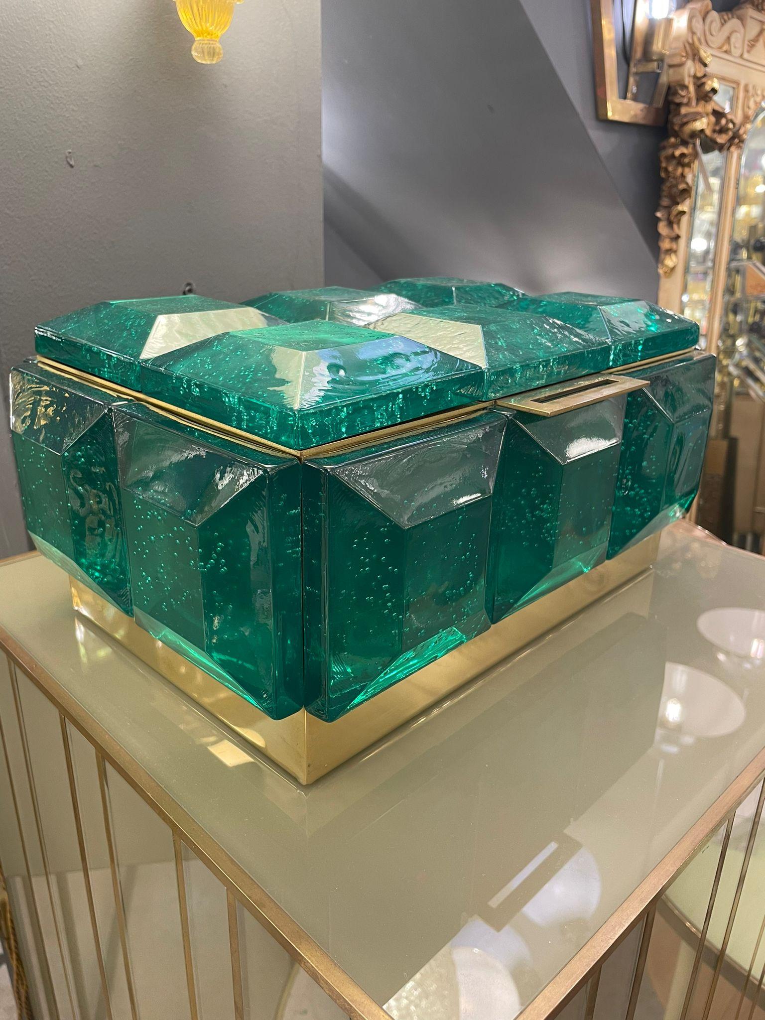Brass Monumental Emerald Murano Glass Box