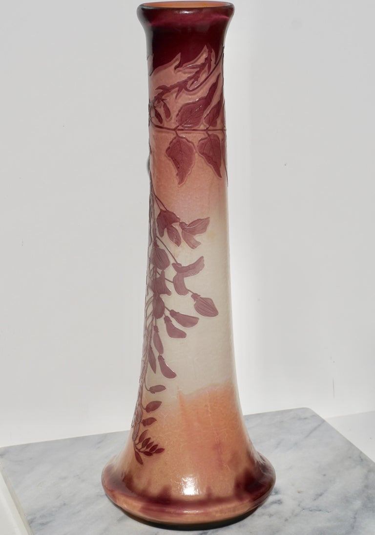 Emile Galle acid etched overlay and cameo glass Vase depicting wisteria and foliage in lavender with yellow and pink. This is a very large and heavy monumental 23 inch Galle vase; very rare and commanding.

Signed galle

Measure: Height 23