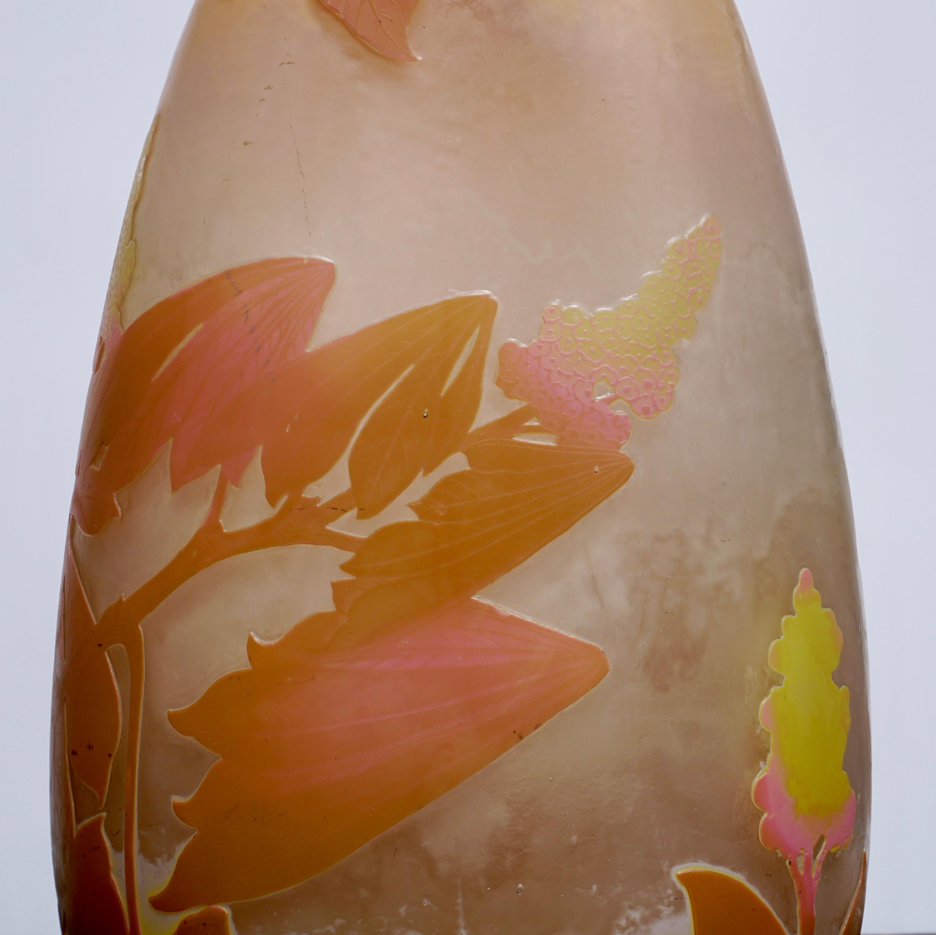 Monumental Emile Galle Four-Color Botanicals Vase, circa 1905 In Excellent Condition For Sale In Dallas, TX