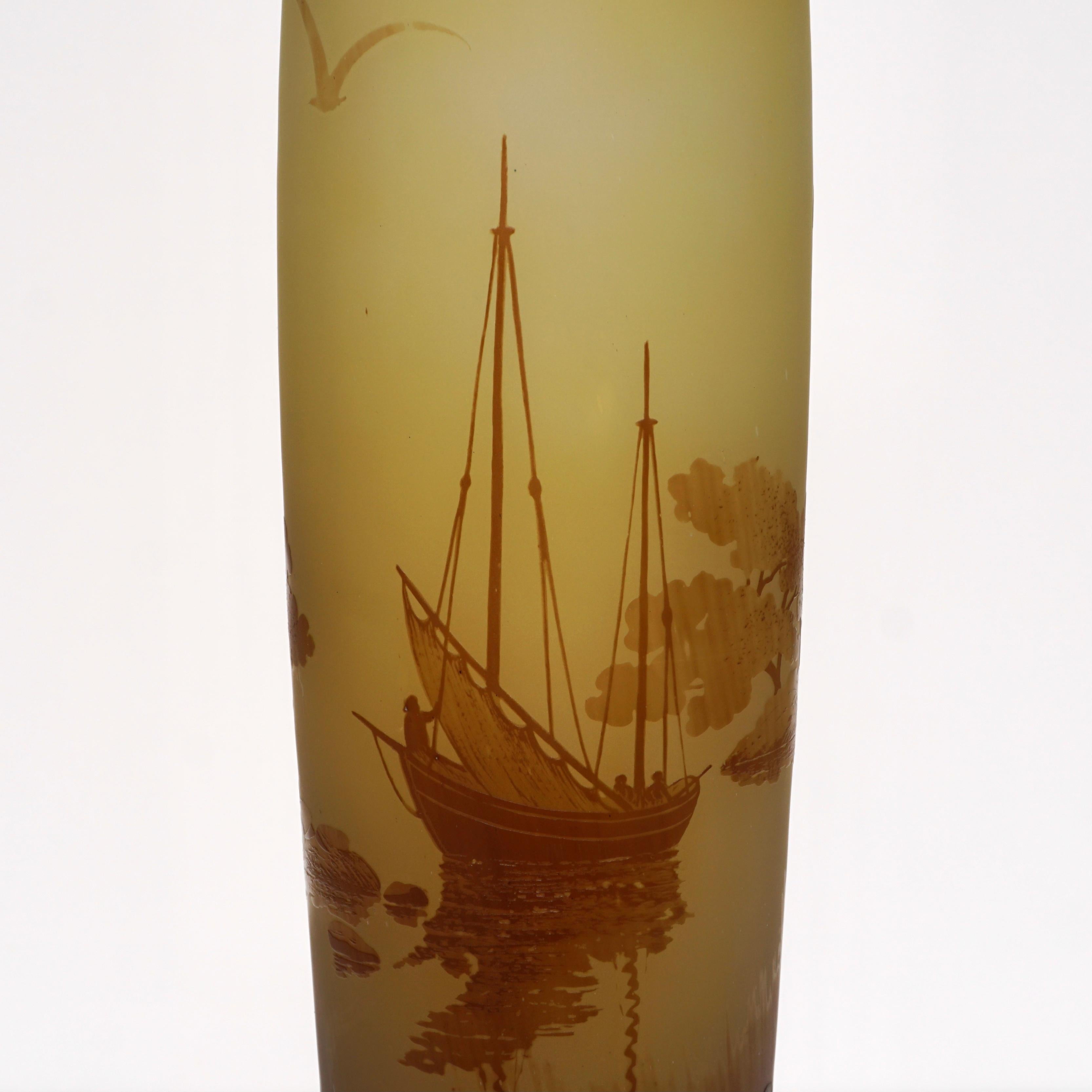 Monumental Emile Galle French Cameo Sailboat Vase In Excellent Condition For Sale In Dallas, TX