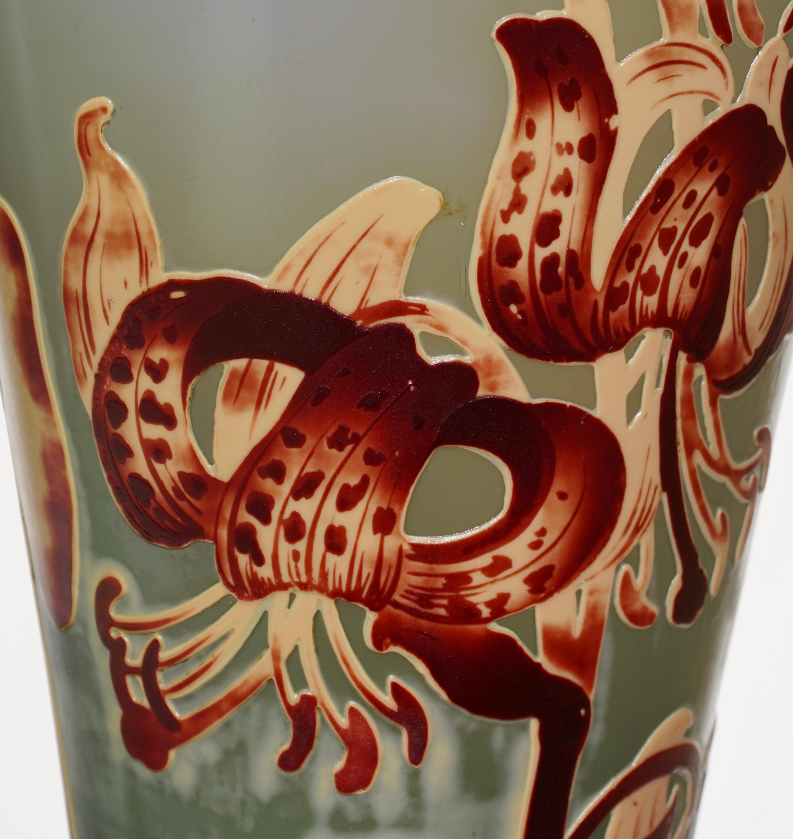 Monumental Emile Galle Tiger Lily Cameo Vase In Excellent Condition In Dallas, TX