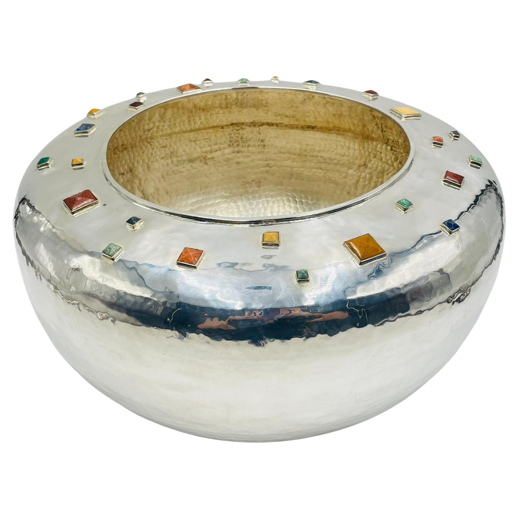 Monumental Emilia Castillo Centerpiece Bowl, Silver Plated 
Gem Stones, Mexico For Sale