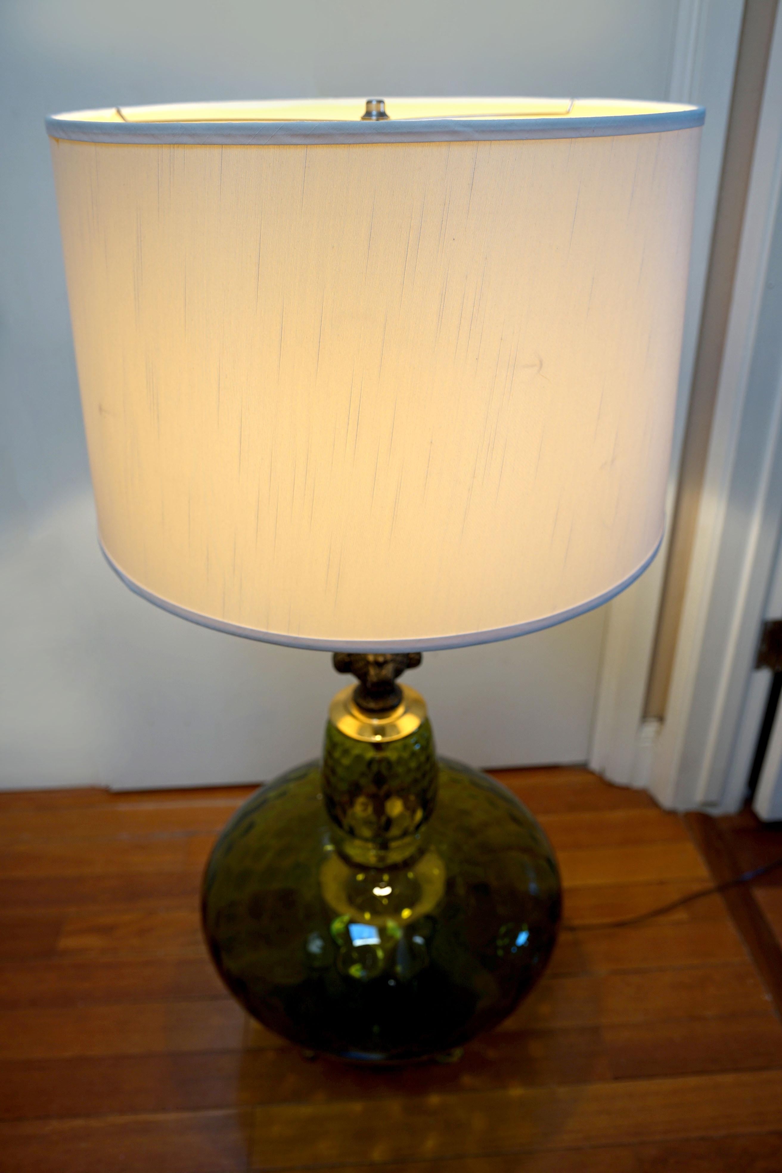 Optical Glass Monumental Empoli Glass and Brass Hollywood Regency Table Lamp For Sale