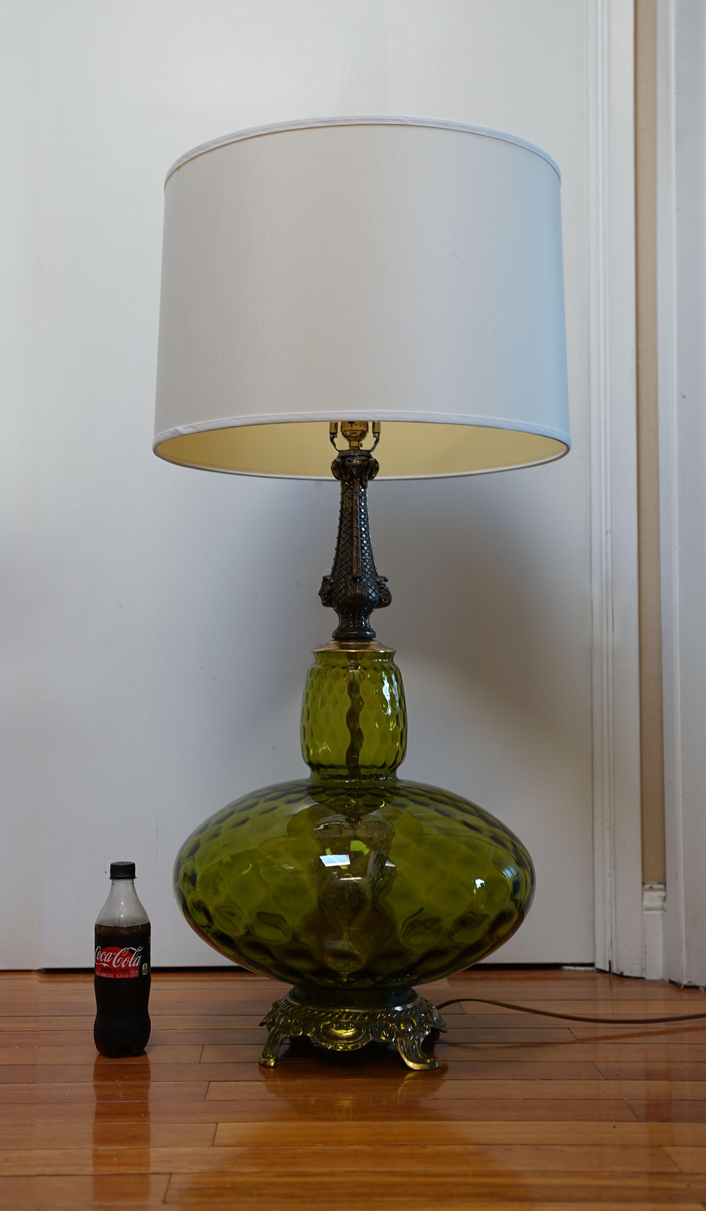 Monumental Empoli Glass and Brass Hollywood Regency Table Lamp For Sale 4