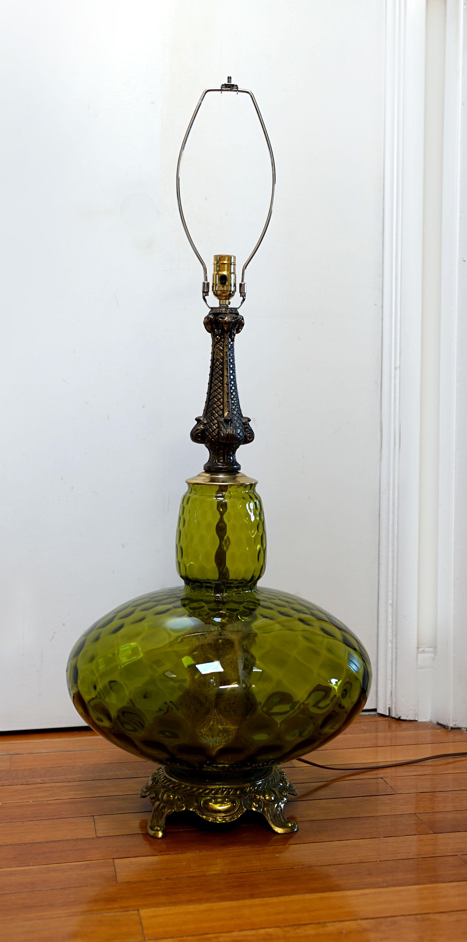 Monumental Empoli Glass and Brass Hollywood Regency Table Lamp In Good Condition For Sale In Lomita, CA