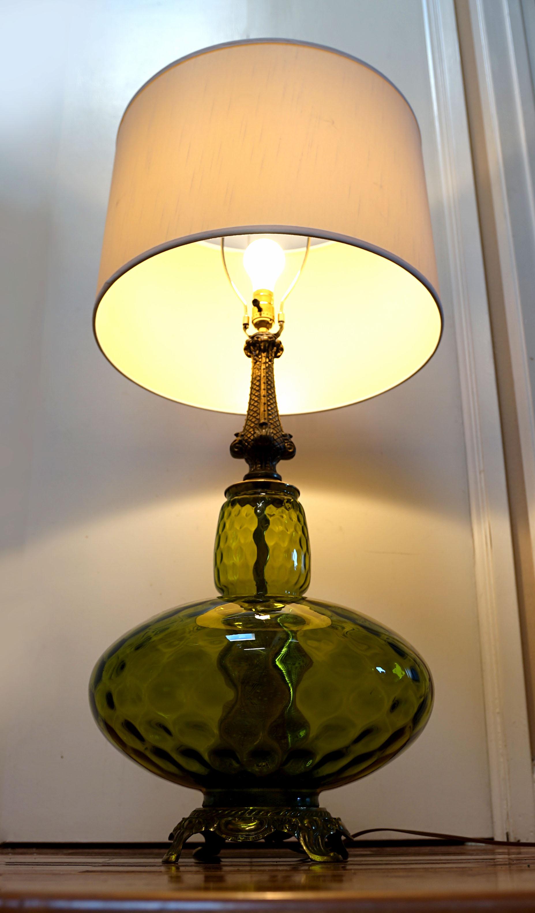 20th Century Monumental Empoli Glass and Brass Hollywood Regency Table Lamp For Sale