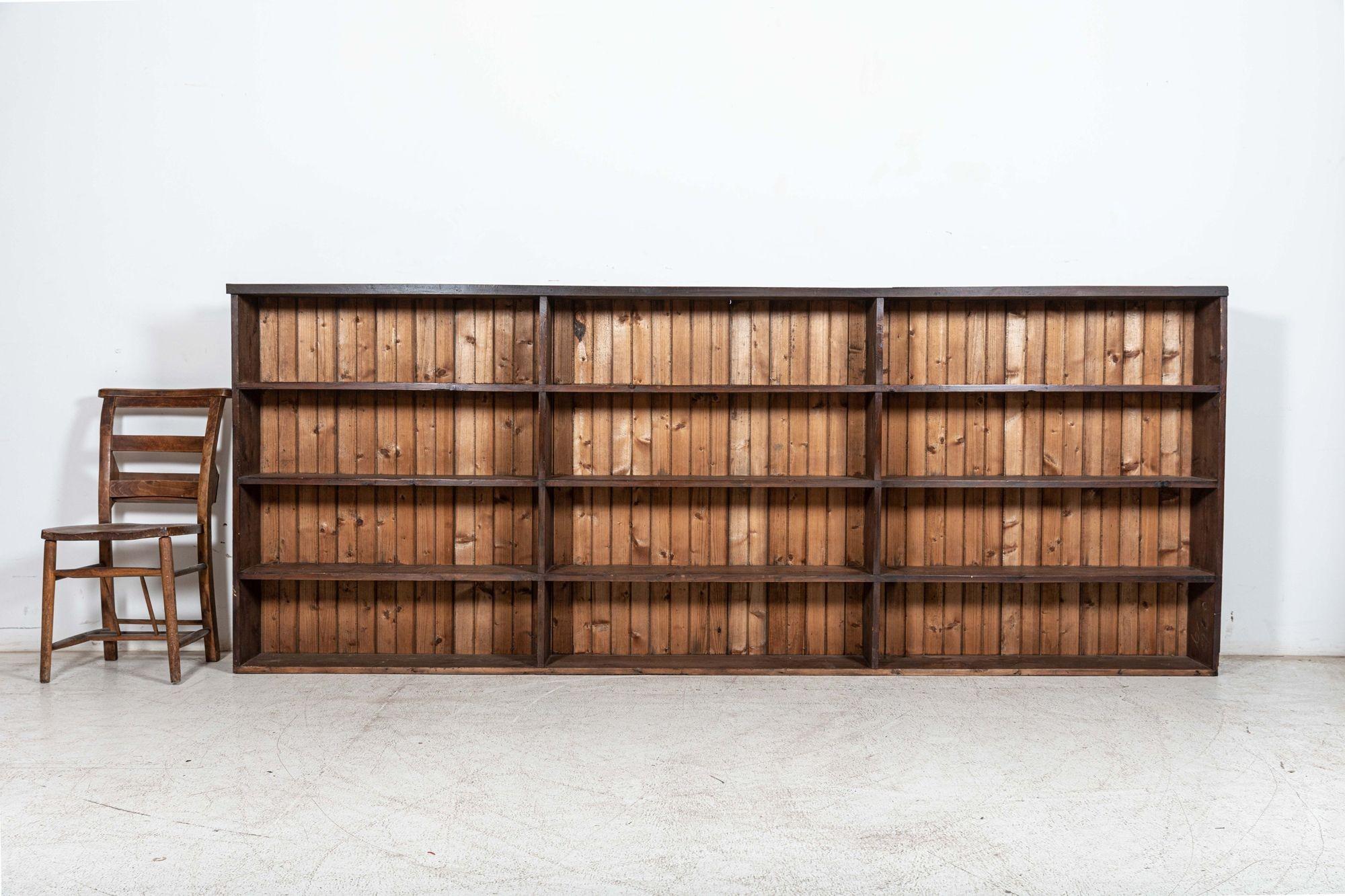 Circa 1890
Monumental English 19th C Ironmongers open Pine Bookcase Cabinet in original colour
Measures: W 286 x D 25 x H 113 cm.
   