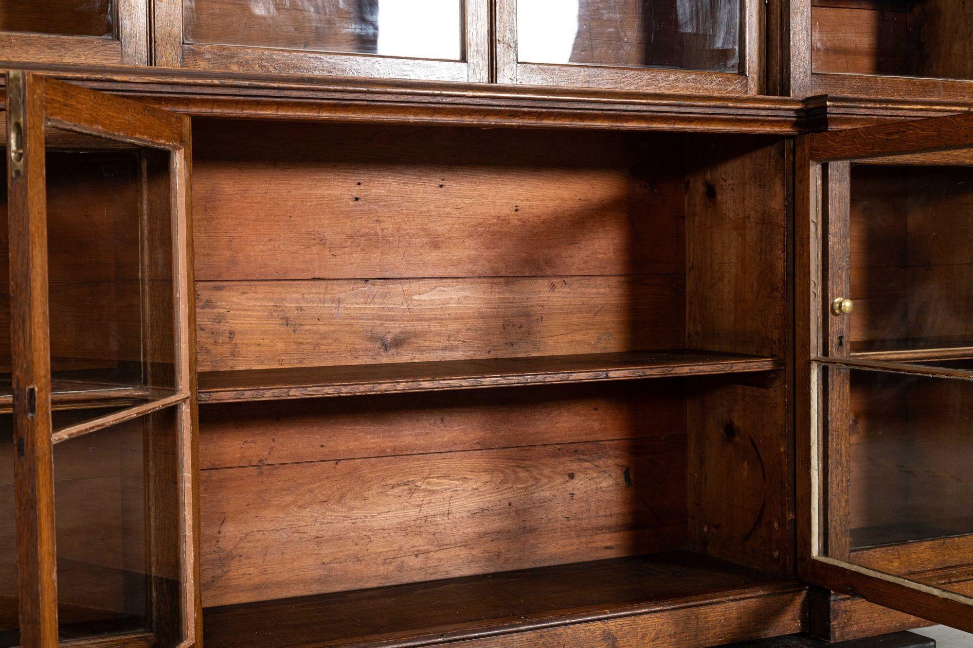 Monumental English 19thC Oak Breakfront Glazed Bookcase For Sale 6
