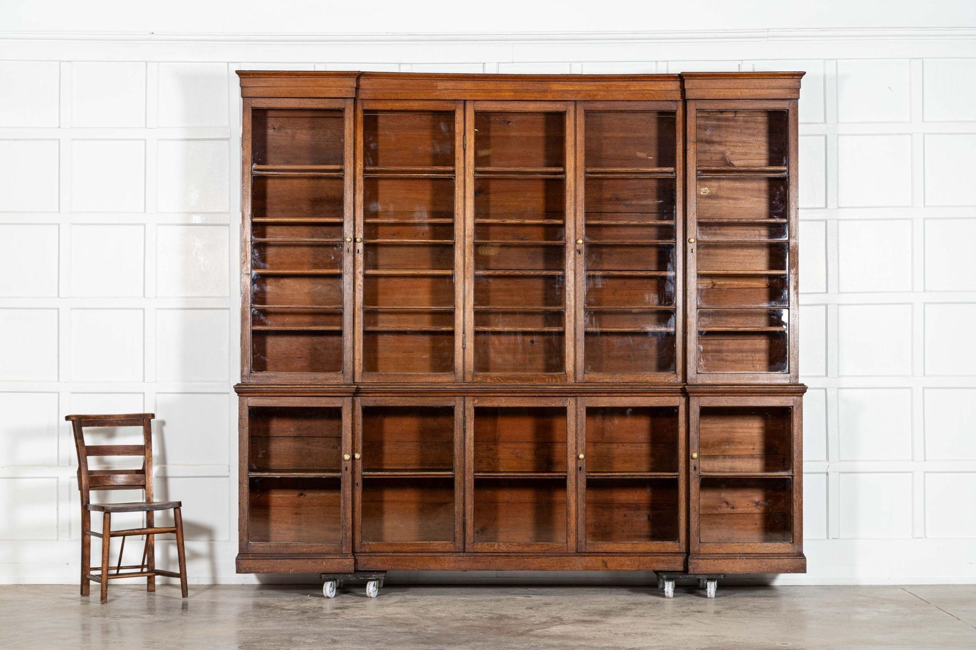 19th Century Monumental English 19thC Oak Breakfront Glazed Bookcase For Sale
