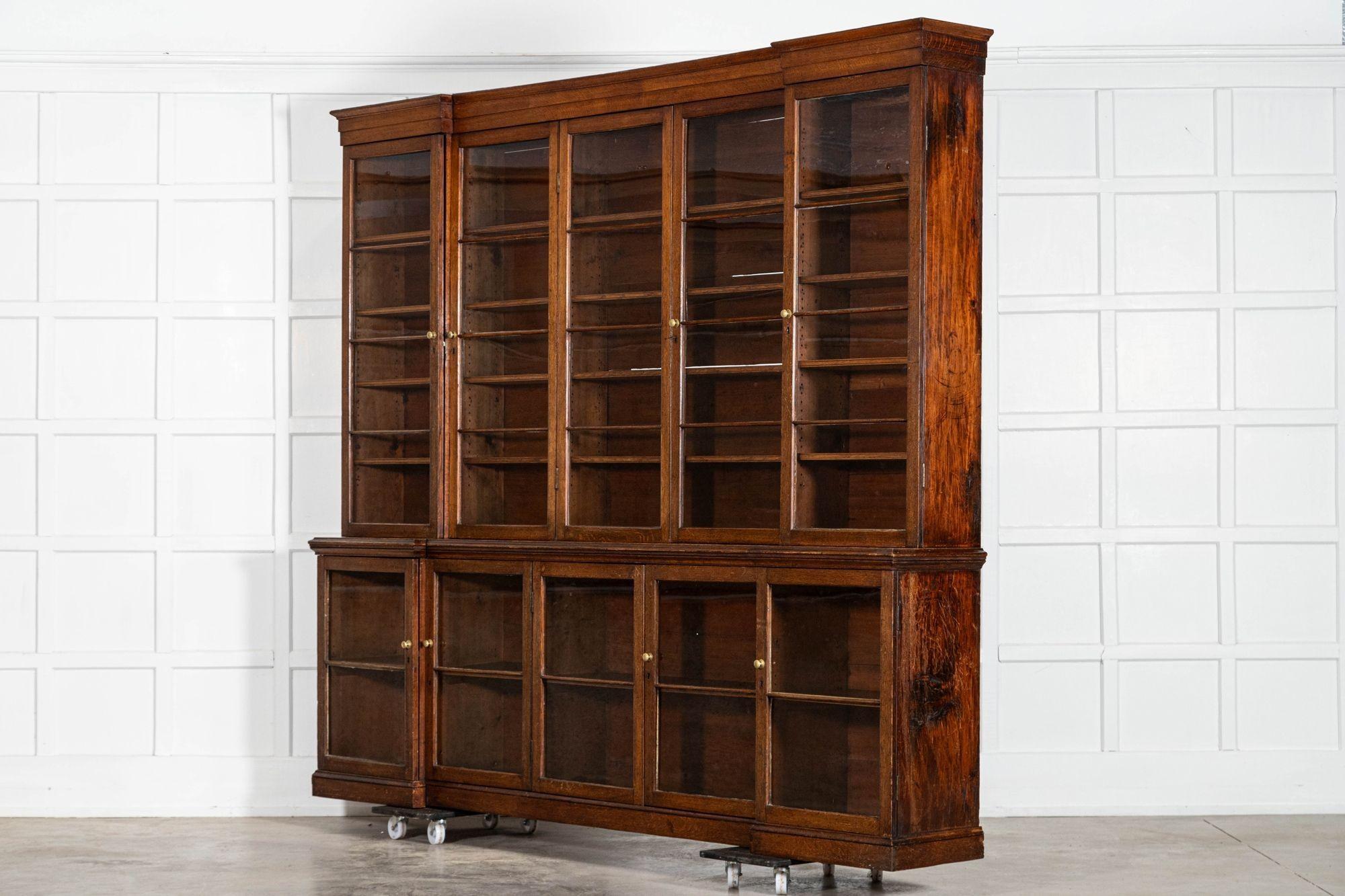 Monumental English 19thC Oak Breakfront Glazed Bookcase For Sale 1