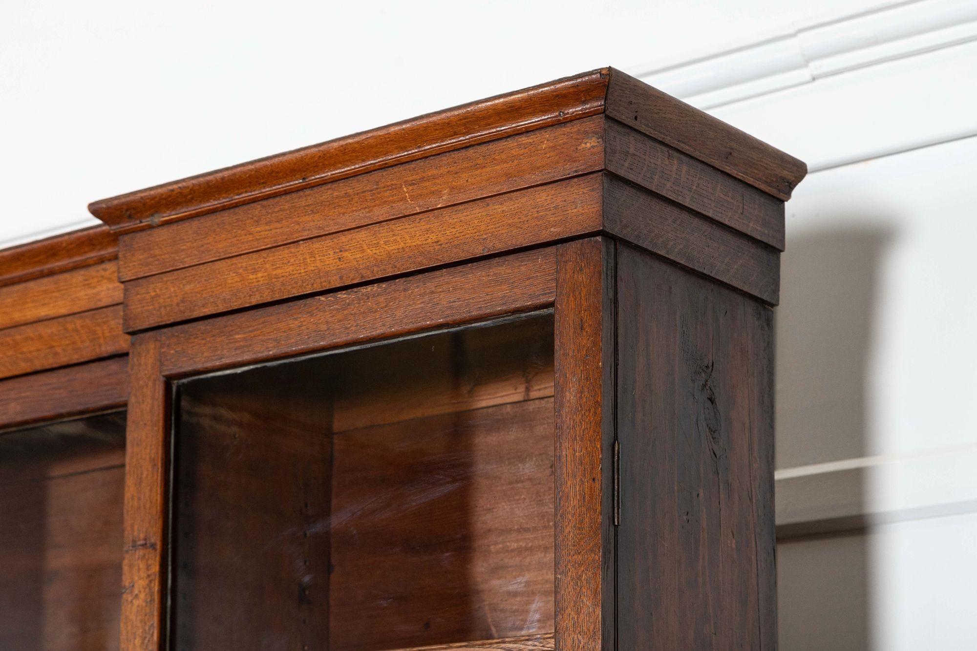 Monumental English 19thC Oak Breakfront Glazed Bookcase For Sale 4