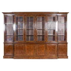 Monumental English Burr Walnut Breakfront Bookcase