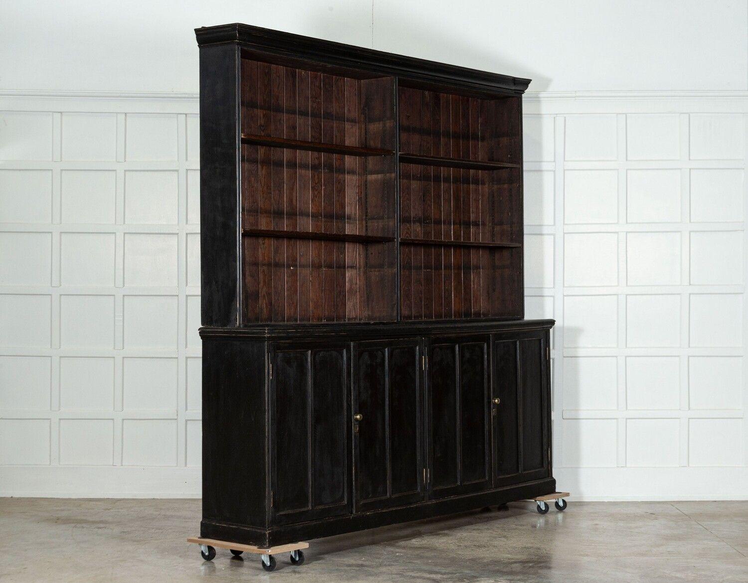 Monumental English Ebonised Beech Bookcase Cabinet In Good Condition For Sale In Staffordshire, GB