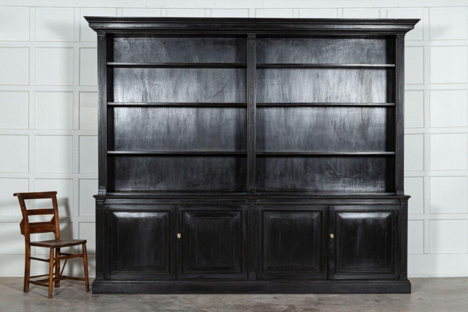 19th Century Monumental English Ebonised Oak Breakfront Bookcase For Sale