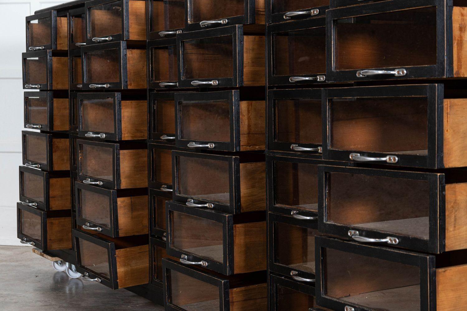 Monumental English Ebonised Pine Glazed Haberdashery Drawers For Sale 7