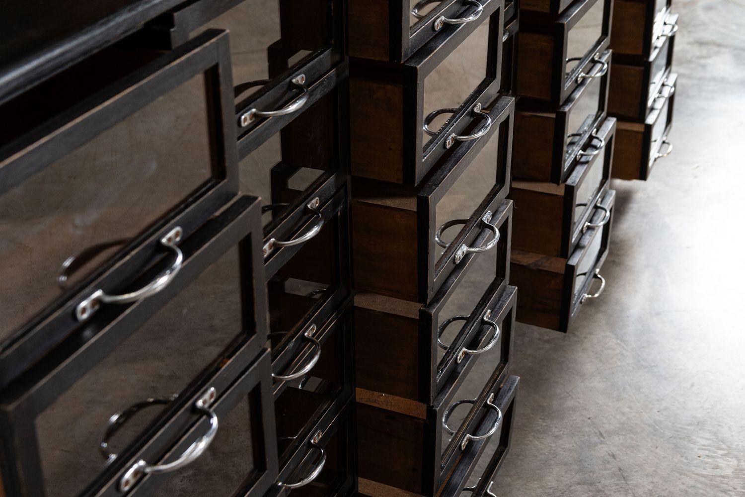 Monumental English Ebonised Pine Glazed Haberdashery Drawers For Sale 9
