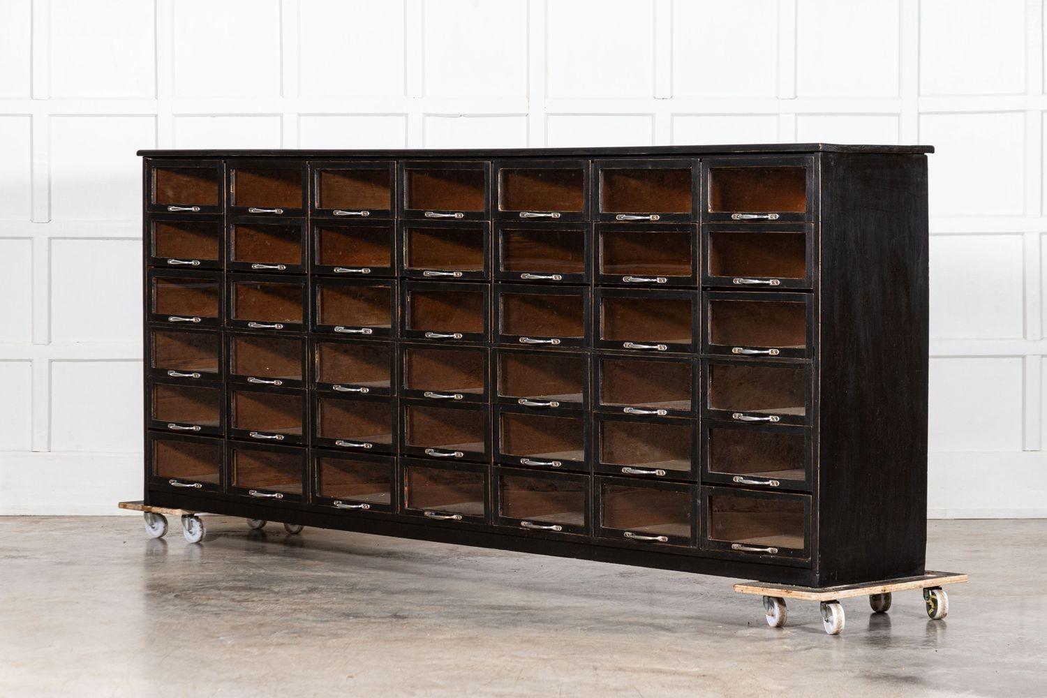 Monumental English Ebonised Pine Glazed Haberdashery Drawers In Good Condition For Sale In Staffordshire, GB