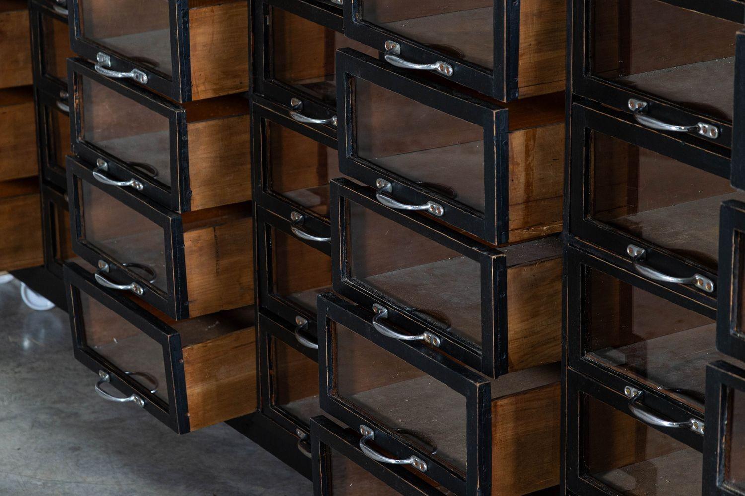 Monumental English Ebonised Pine Glazed Haberdashery Drawers For Sale 2