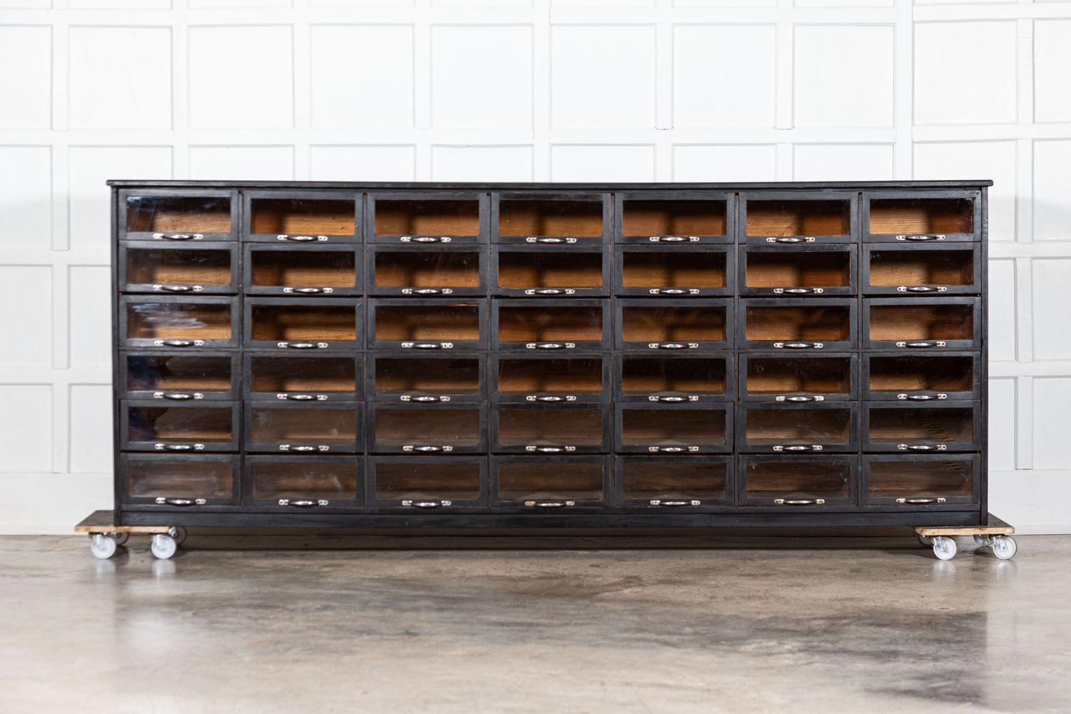 Monumental English Ebonised Pine Glazed Haberdashery Drawers For Sale 3