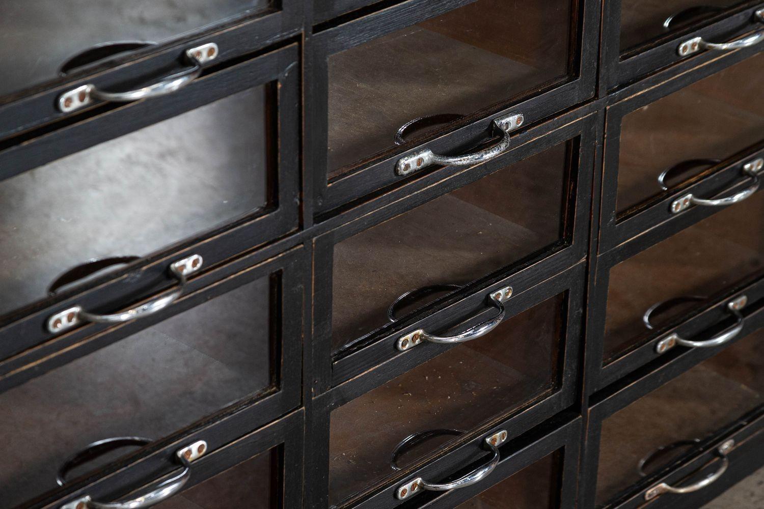 Monumental English Ebonised Pine Glazed Haberdashery Drawers For Sale 4