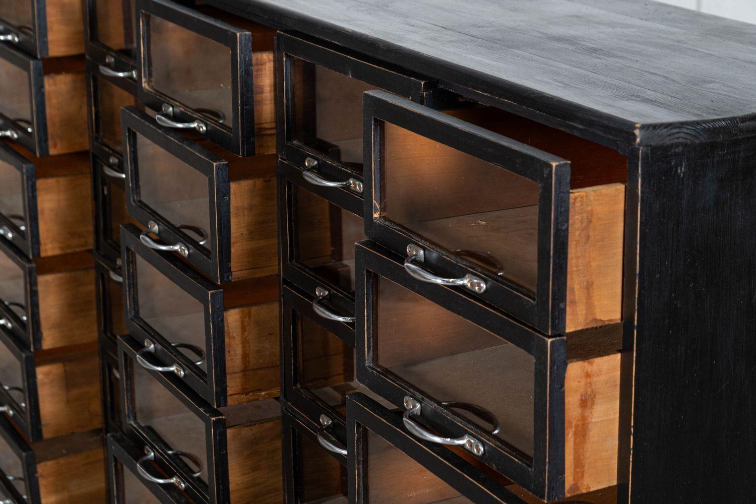 Monumental English Ebonised Pine Glazed Haberdashery Drawers For Sale 5