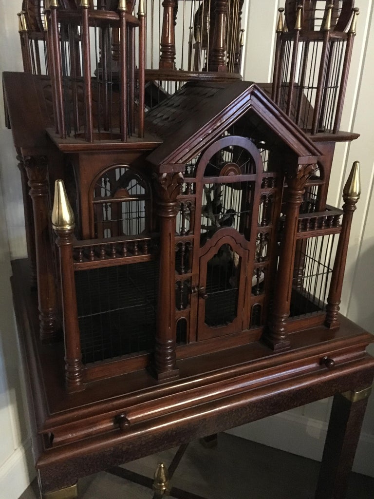 Monumental English Mahogany Bird Cage on Stand, Brass Banding And Finials. For Sale 1