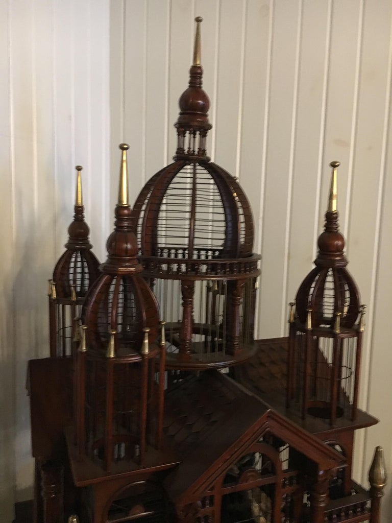 Monumental English Mahogany Bird Cage on Stand, Brass Banding And Finials. For Sale 2