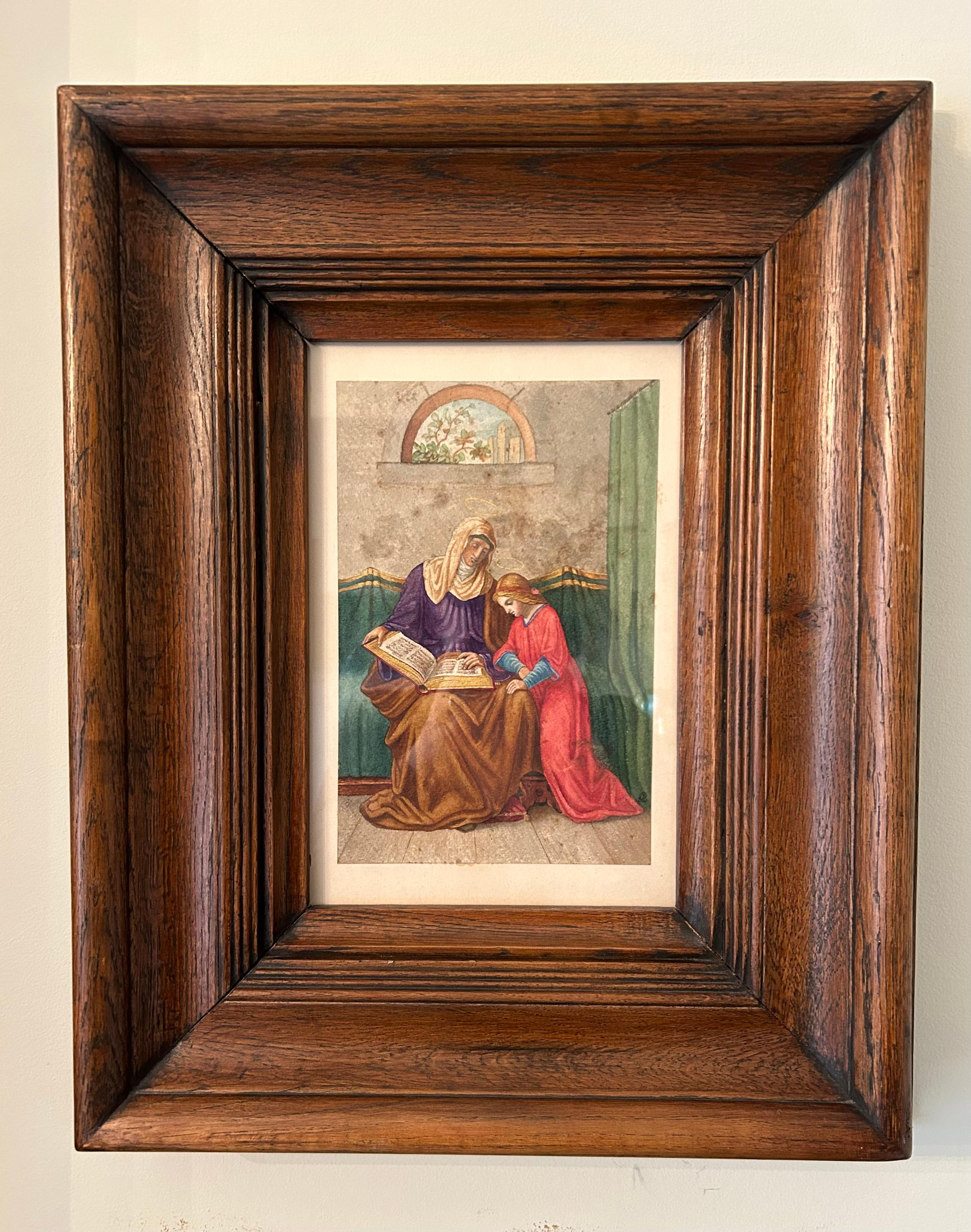 A deeply carved oak frame, English, Nineteenth Century or early 20th Century. Currently with a watercolour depicting Saint Anne teaching the Virgin. 
This incredibly heavy and beautiful oak frame came from a rectory in England. It has a wonderful
