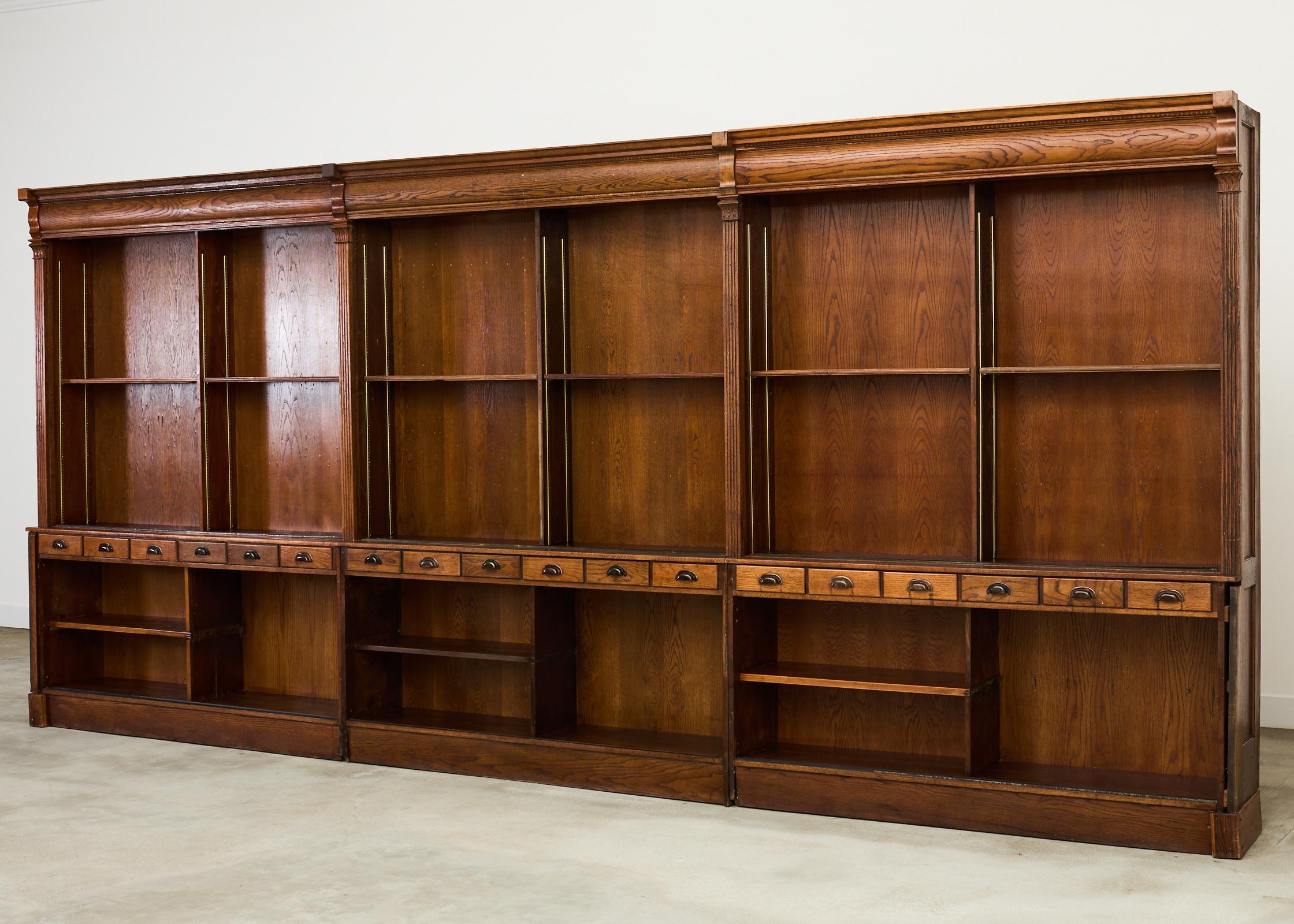 Hand-Crafted Monumental English Oak Haberdashery Display Bookcase Cabinet 18 ft.
