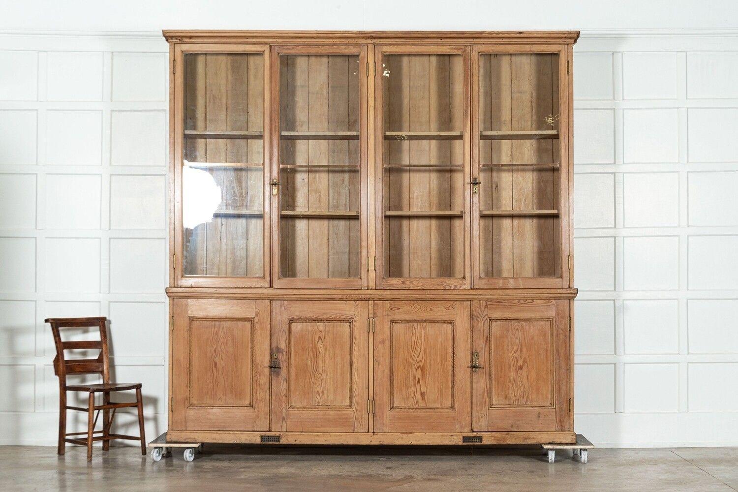19th Century Monumental English Pine Glazed Bookcase Cabinet For Sale