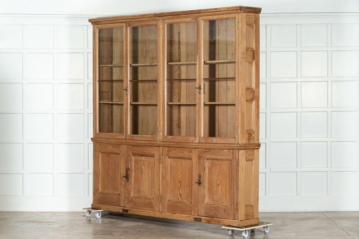Monumental English Pine Glazed Bookcase Cabinet For Sale 1
