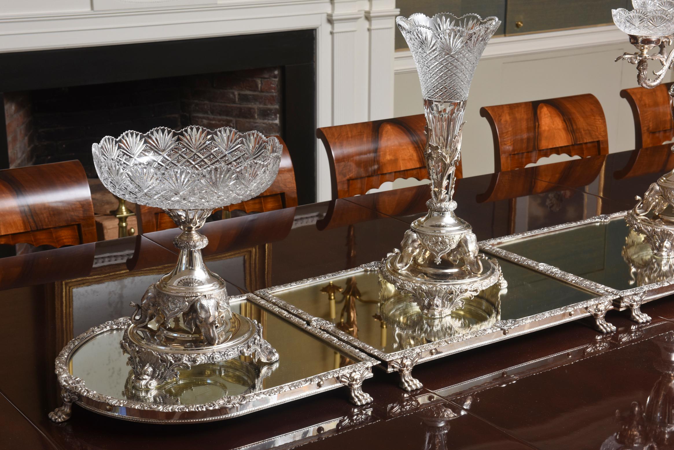 Hand-Crafted Monumental English Silver Plate & Crystal Centerpiece Ensemble, Elephant Motif