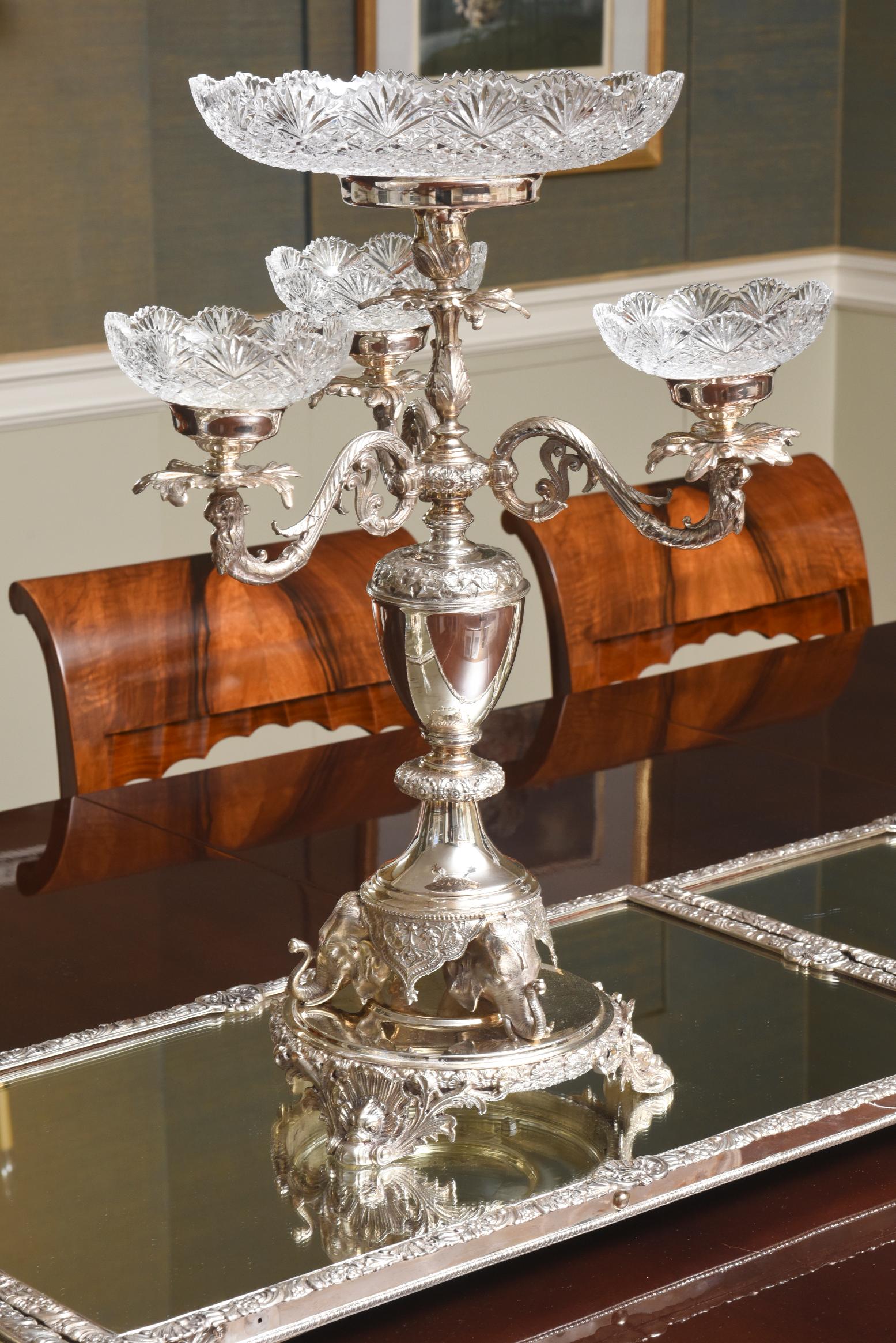 Monumental English Silver Plate & Crystal Centerpiece Ensemble, Elephant Motif In Good Condition In West Palm Beach, FL