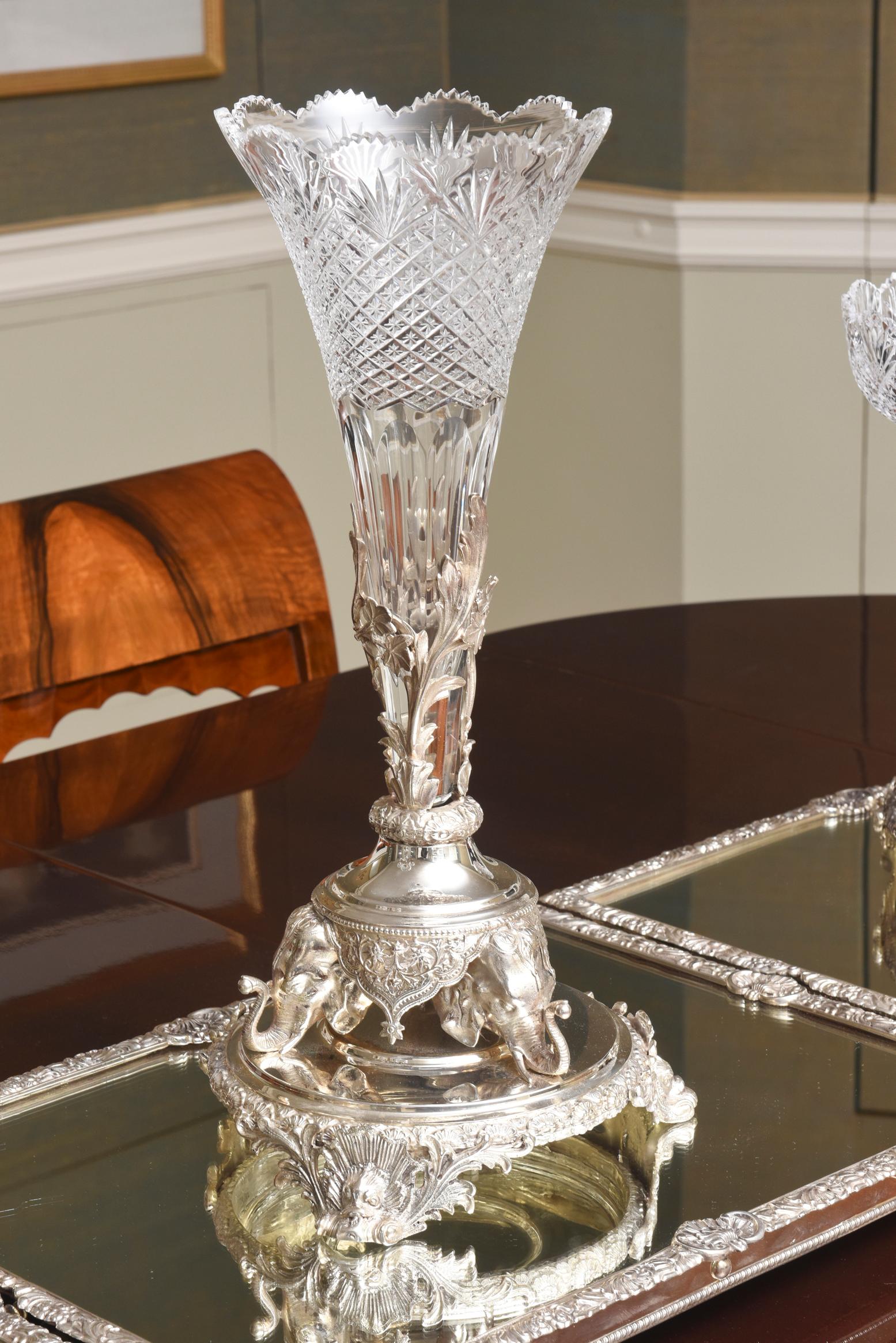 Early 20th Century Monumental English Silver Plate & Crystal Centerpiece Ensemble, Elephant Motif