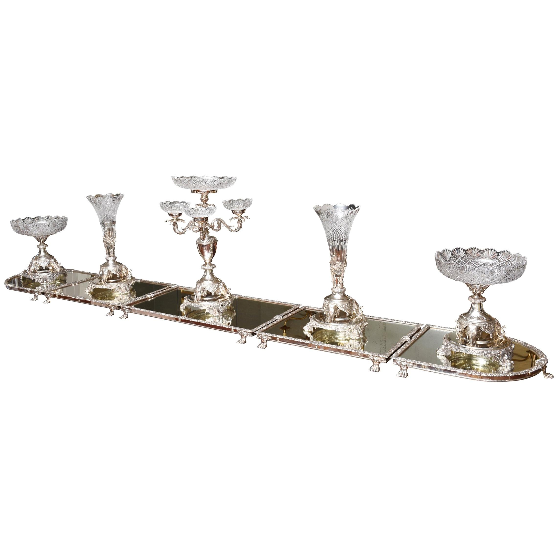 Monumental English Silver Plate & Crystal Centerpiece Ensemble, Elephant Motif