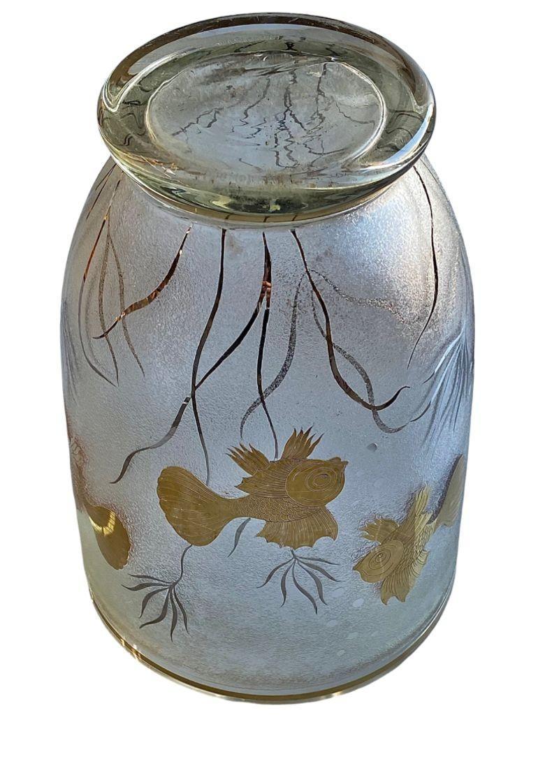 Art Deco Monumental Etched Glass Vase with Gold Fish Overlay For Sale