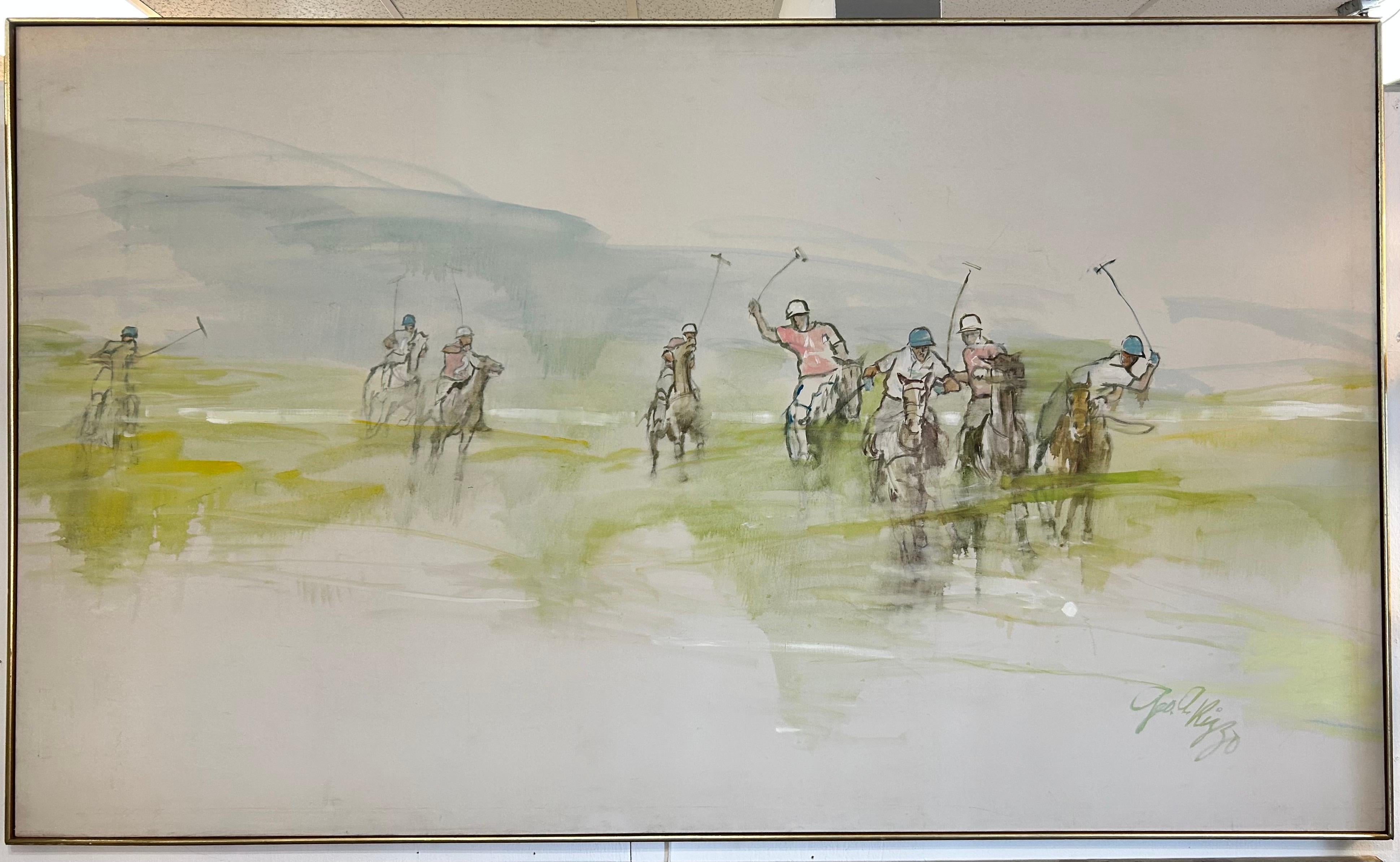 A monumental in scale (approximately four feet by almost seven feet) sporting art painting of polo players on horseback in the midst of a match. This circa 1980's painting on canvas depicts a heated match between two teams of four players each. The